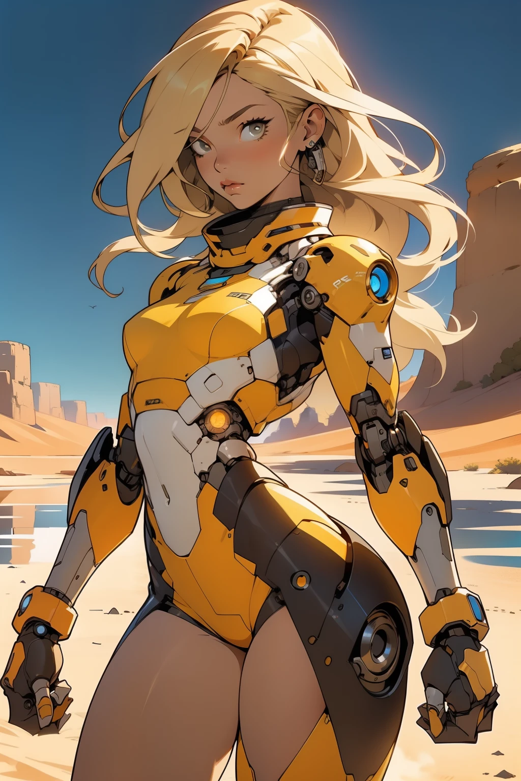 high quality, 4k, masterpiece, beautiful, cyborg girl, cowboy shot, dull eyes, front, looking at viewer, long blonde hair, girl, small breasts, fit thighs, robotic arms, robotic body, cyborg body, white & yellow uniform, orange accent, intricate detail, joint, detailed lines, robotic detail, holding fist up, holding hand up as fist, color robotic parts, robotic parts with color, perfect fingers, on a desert planet, sunny background, colorful desert, a river or a lake in the background, slender thighs, skinny thighs, thin thighs