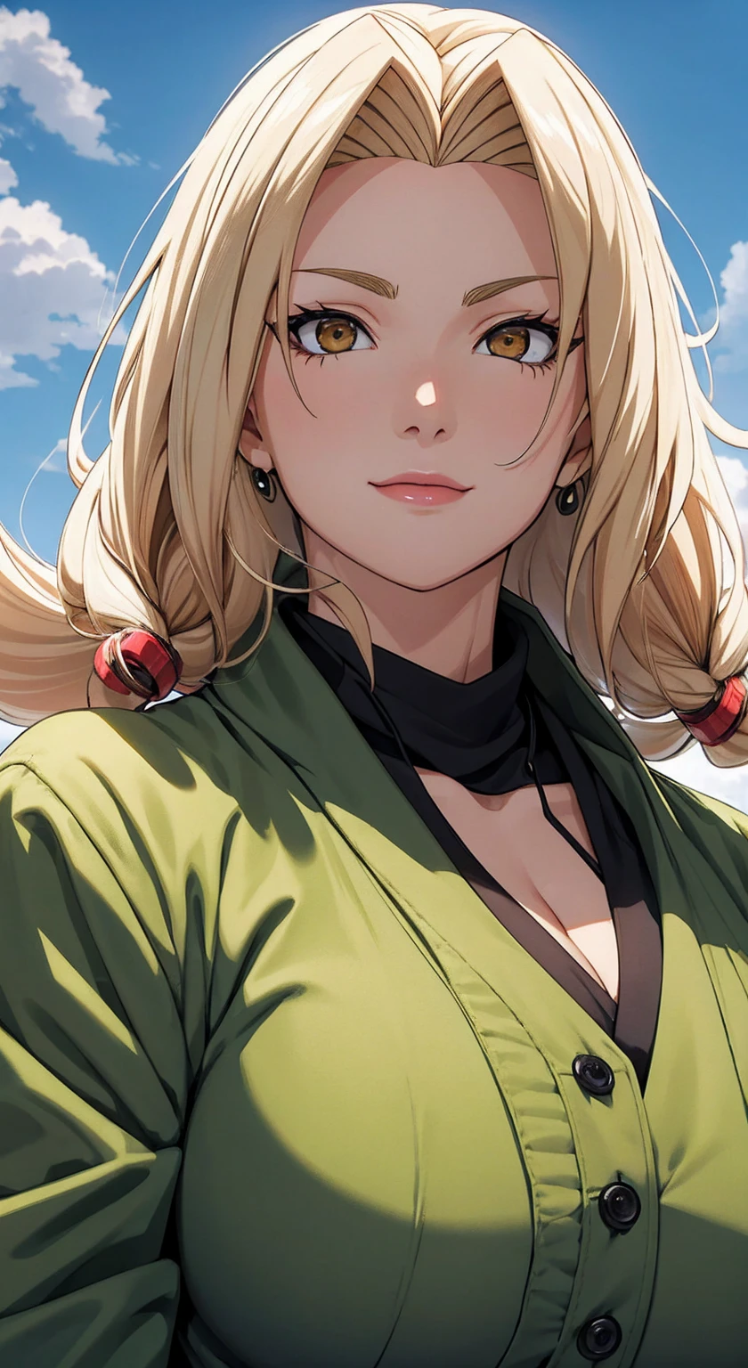 tmasterpiece,blond hairbl,Green coat,Golden eyes,ssmile,slightly fat big breasts,Be red in the face,Headwinds and sagging,best qualtiy,The is very detailed,Bust photo,Get close to the lens,Top-down view,with a good figure,
