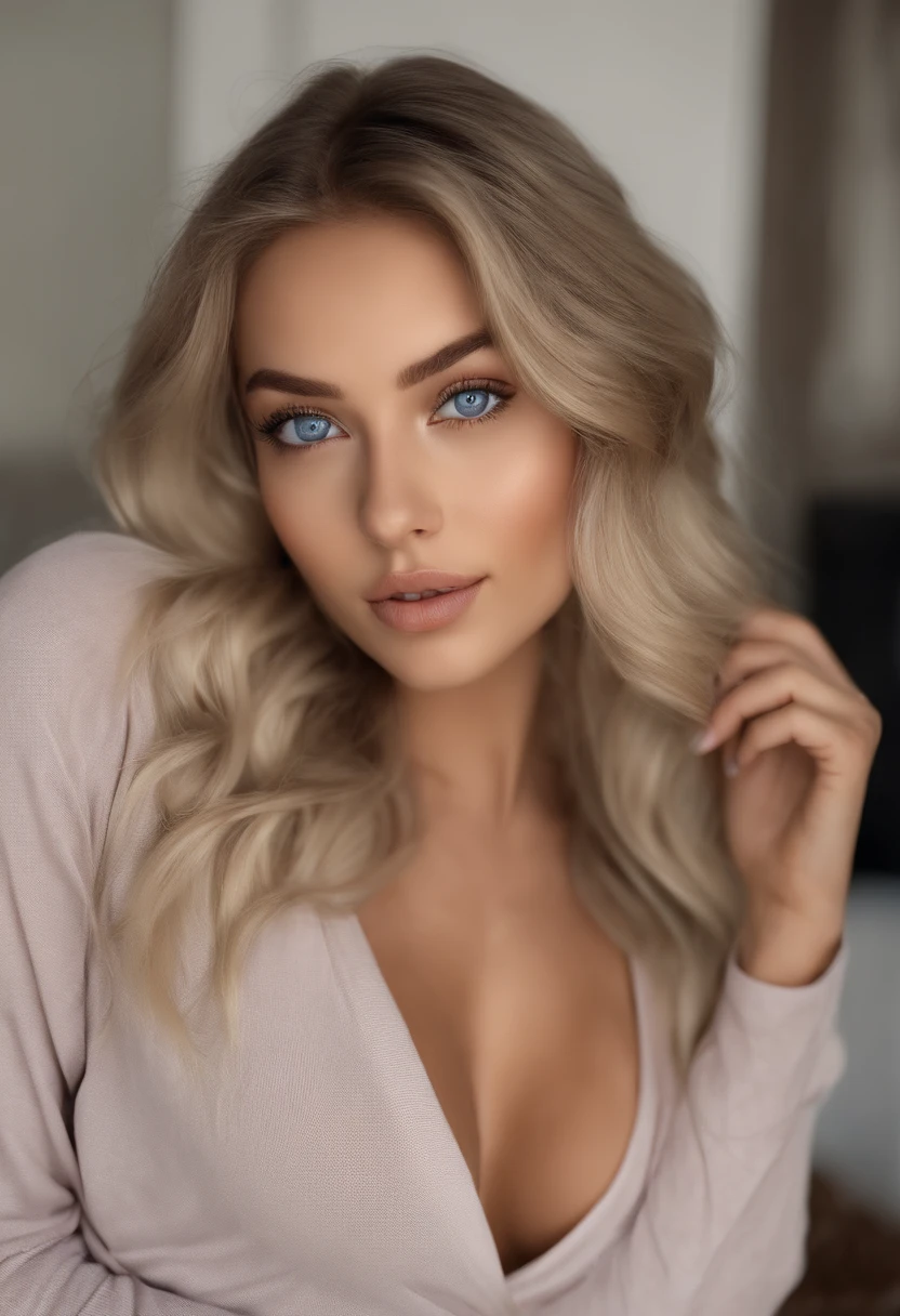 arafed woman fully , sexy girl with blue eyes, ultra realistic, meticulously detailed, portrait sophie mudd, blonde hair and large eyes, selfie of a young woman, bedroom eyes, violet myers, without makeup, natural makeup, looking directly at the camera, face with artgram, subtle makeup, stunning full body shot kneeling on bed, in bedroom, medium to large size bust