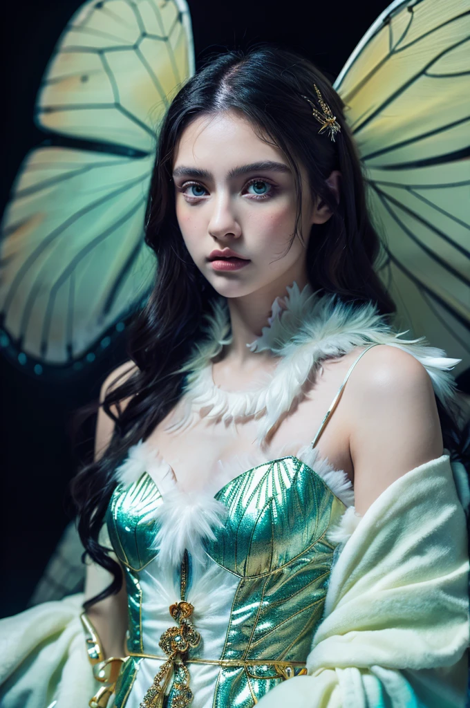 ( masterpiece, top quality, best quality,8k,17 years old girl,ultra detailed,raw photo:1.5),(photorealistic:1.4),(cinematic lighting), PerfectNwsjMajic, , Surrealism, UHD, ccurate, Super detail, textured skin, High detail, Best quality, dynamic angle, (high nose,White skin),[Beautiful blue eyes],[flat chest:large breasts:0.5],(1girl),(good anatomy:0.5)),with white butterfly wings and fluffy butterfly eyes and characters around flying in a chaotic universe and neon lights, 
