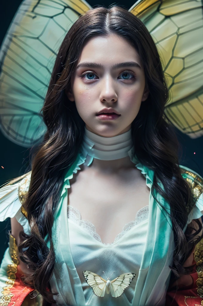 ( masterpiece, top quality, best quality,8k,17 years old girl,ultra detailed,raw photo:1.5),(photorealistic:1.4),(cinematic lighting), PerfectNwsjMajic, , Surrealism, UHD, ccurate, Super detail, textured skin, High detail, Best quality, dynamic angle, (high nose,White skin),[Beautiful blue eyes],[flat chest:large breasts:0.5],(1girl),(good anatomy:0.5)),with white butterfly wings and fluffy butterfly eyes and characters around flying in a chaotic universe and neon lights, 