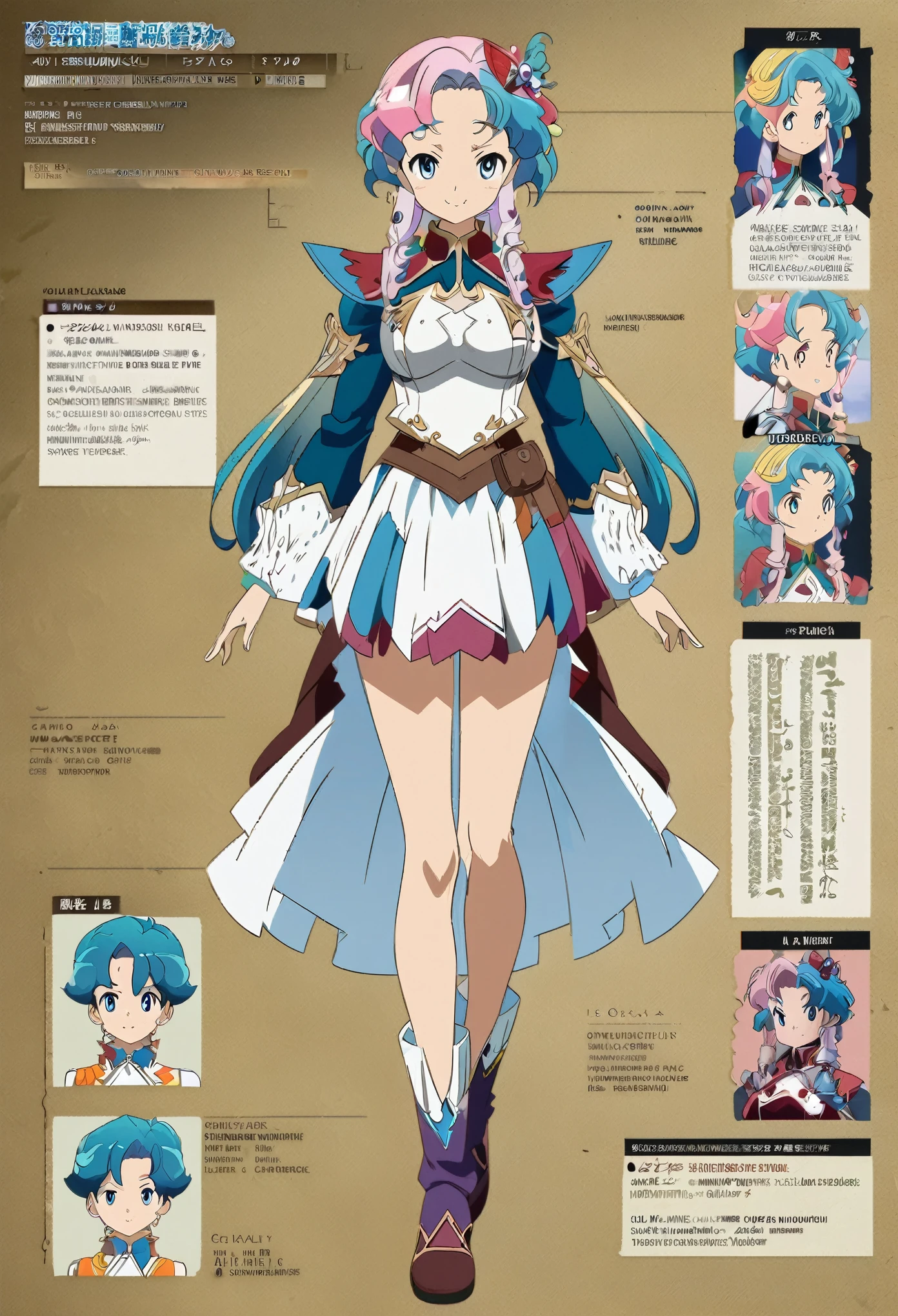 anime - style image of a character with a variety of hair and accessories, anime set style, anime character reference sheet, fantasy uniform, flat anime style, anime full body illustration, full_body!!, complete detailed body, extra detailed body, anime vtuber full body model, soft anime illustration, anime style character, clean detailed anime style,