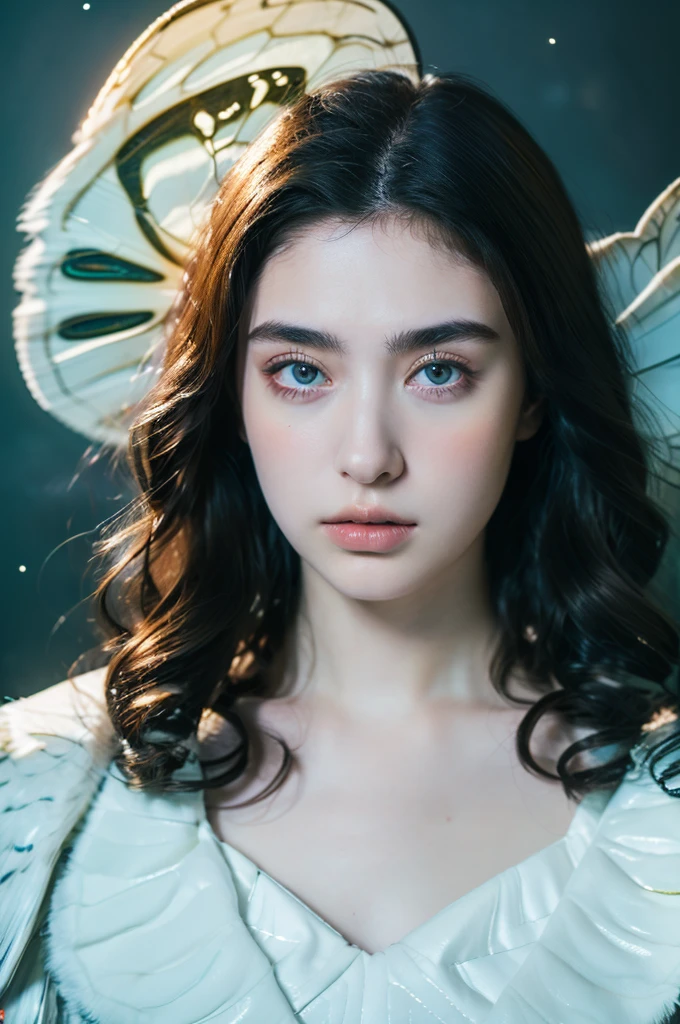 ( masterpiece, top quality, best quality,8k,17 years old girl,ultra detailed,raw photo:1.5),(photorealistic:1.4),(cinematic lighting), PerfectNwsjMajic, , Surrealism, UHD, ccurate, Super detail, textured skin, High detail, Best quality, dynamic angle, (high nose,White skin),[Beautiful blue eyes],[flat chest:large breasts:0.5],(1girl),(good anatomy:0.5)),with white butterfly wings and fluffy butterfly eyes and characters around flying in a chaotic universe and neon lights, 