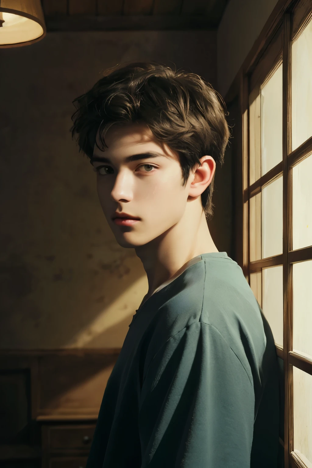 (absurdres, highres, ultra detailed, HDR), masterpiece, best quality, solo focus, teen boy , handsome, perfect face, short hair inside a ghibli style room background
