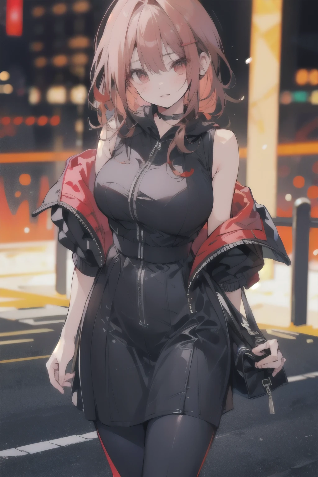 a scared and embarrassed redheaded woman, hair in a ponytail, her bright eyes super detailed, full lips painted red, chiseled physique and wide hips. She wears a closed black leather jumpsuit, whose shiny surface accentuates her shape. A windbreaker with a hood and a neon pink interior covers your shoulders and a pleased skirt. Walking down a busy street, she attracts glances from onlookers. This image exudes realism, capturing the essence of a fragile and embarrassed figure. Digital art, high definition and photorealistic technique