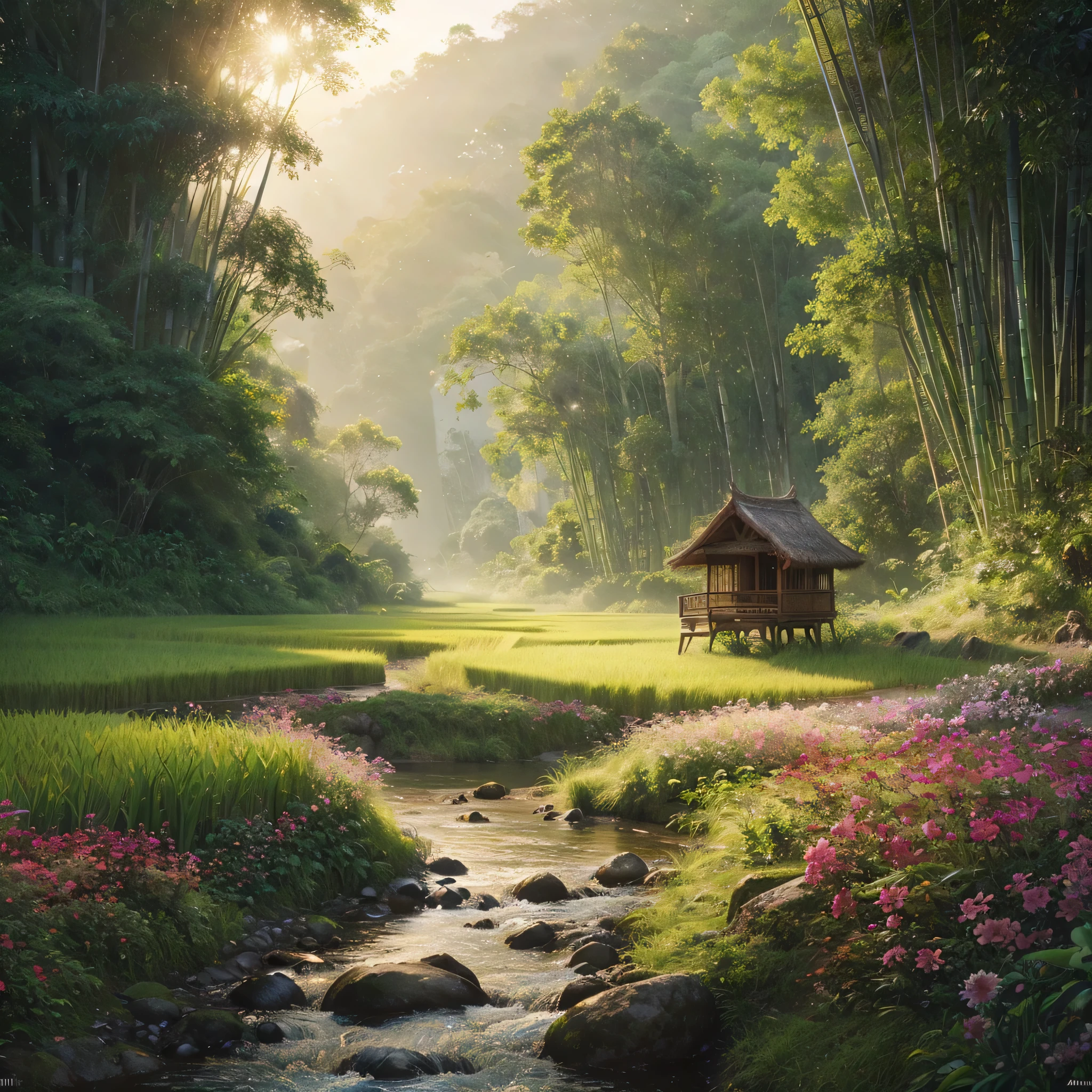 romantic scene, paddy field surrounded by dense tropical forest, small stream, flowers along the riverbank, single bamboo hut, intricate detail, eye catching ambience, Frank Frazetta, ultra hd, realistic, vivid colors, highly detailed, UHD drawing, pen and ink, perfect composition, beautiful detailed intricate insanely detailed octane render trending on artstation, 8k artistic photography, photorealistic concept art, soft natural volumetric cinematic perfect light