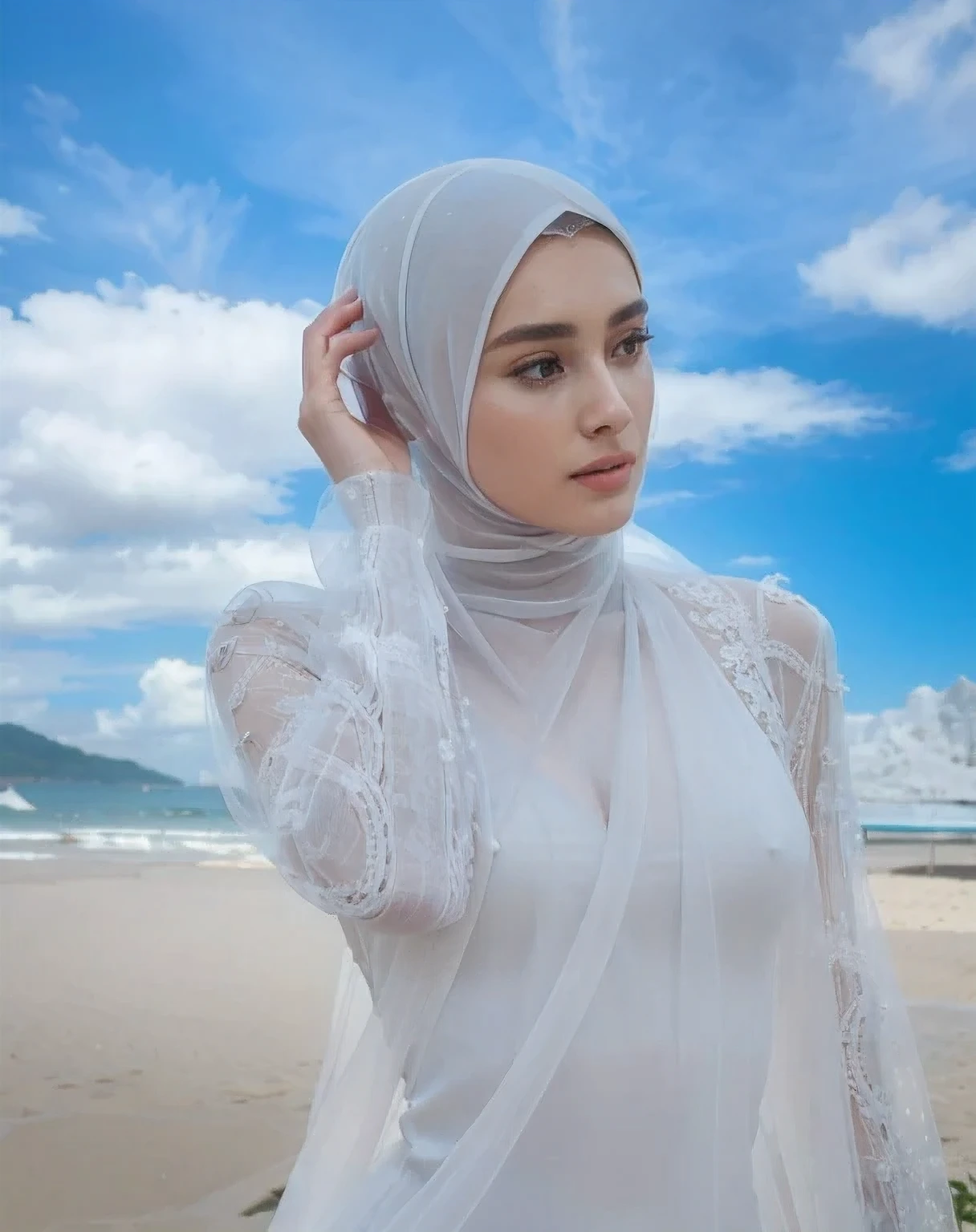 best quality)) ((masterpiece)), intricate detail, ((almost )), sharp focus, professional, realistic, real life, hyperreal, photorealistic, fine detail, best quality, very Detailed CG unity 8k, see through dress, transparent dress , tight dress,hijab girl , thin dress, transparent body