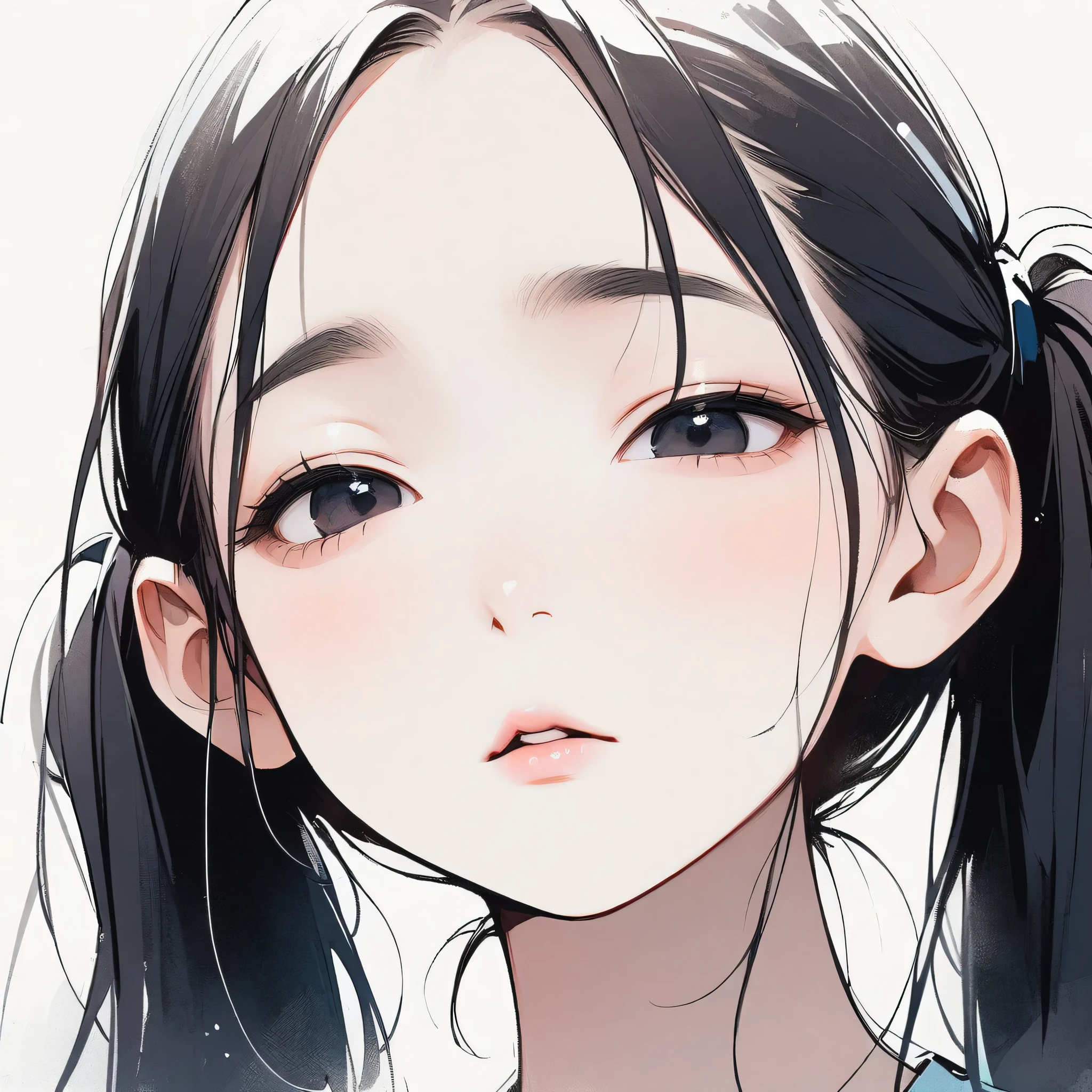 Pigtails, slim, pale, pure, simple, white background, face close-up, black hair, black eyes, straight bangs, asian eyes, slanted eyes, small eyes