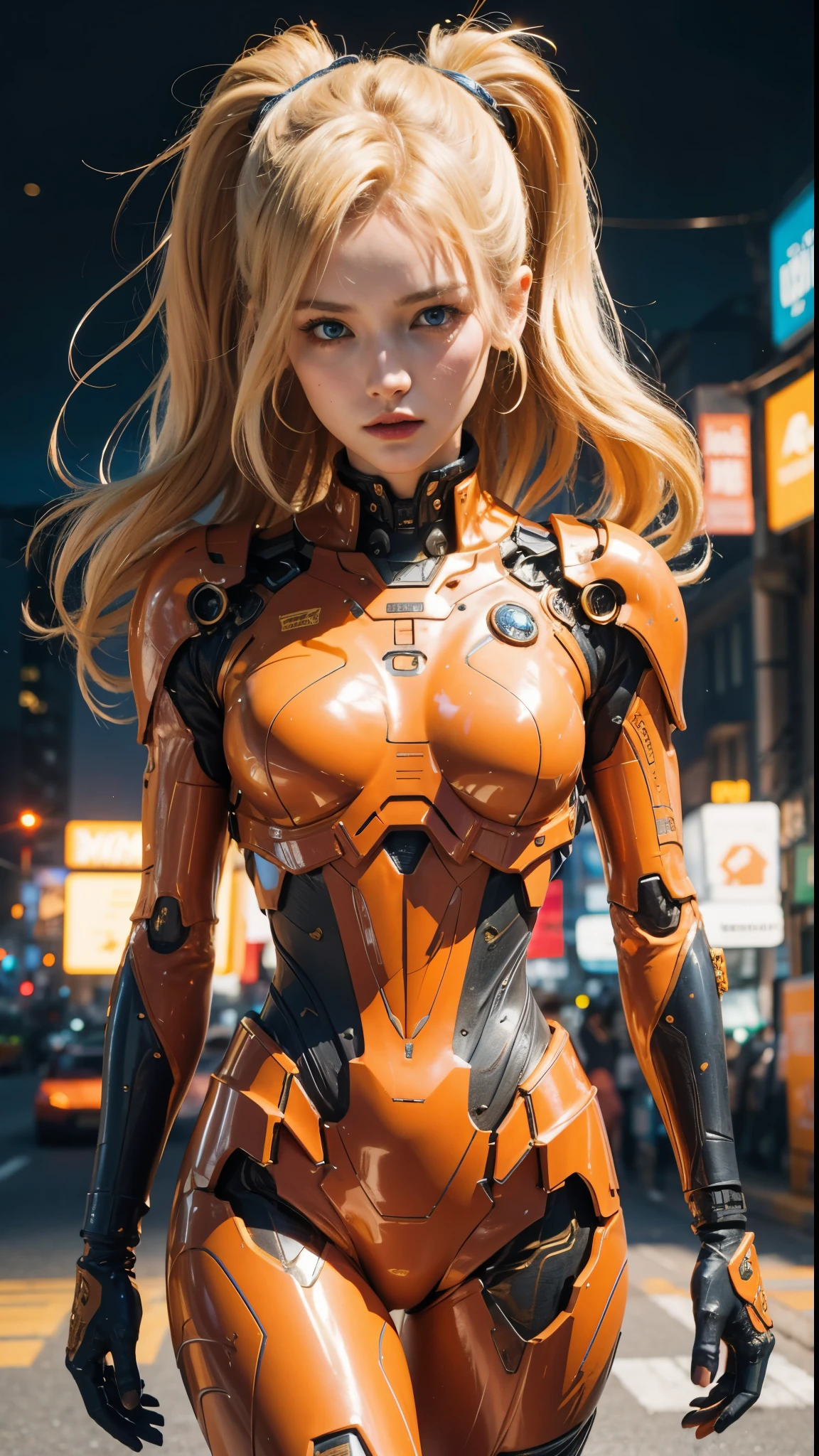 Beautiful girl in a futuristic suit walks down the street., orange armor, Beautiful cyberpunk girl face, Blonde Hair, blue eyes, intricate detailed, Portrait of a female man, very high details, Realistic photos, 8k, UHD, hyperdetailed, (Dynamic Poses:1.4),