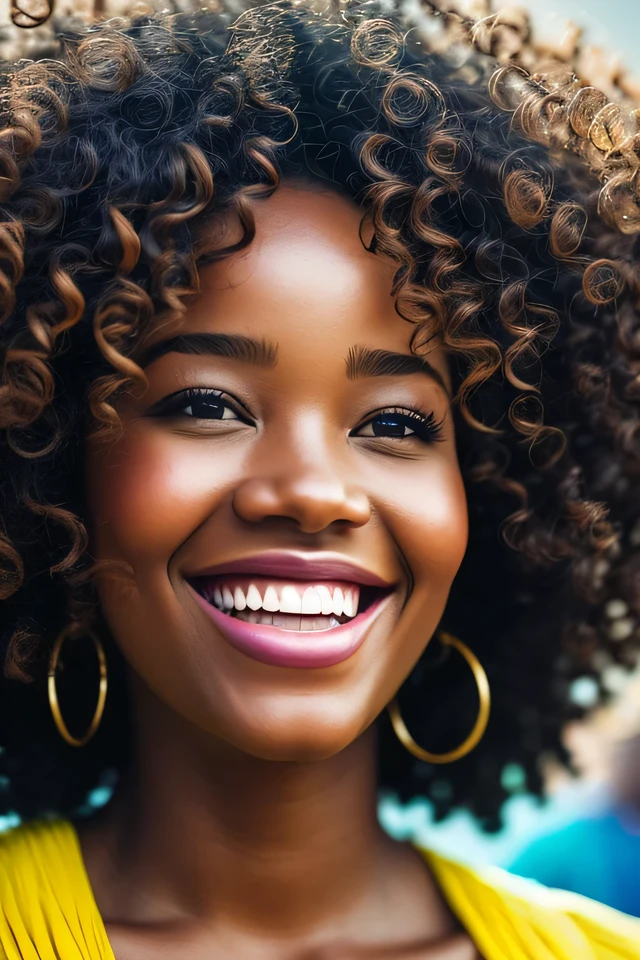 A captivating close-up image of two radiant black women, their beautiful curly hair cascading down around their faces, warmly smiling as they celebrate, their eyes sparkling with joy and merriment, skillfully rendered in striking detail, vivid and lifelike, high definition, cinematic lighting, trending artstation, trending cgsociety, intricately detailed, best quality, high resolution, celebratory mood, Black women empowerment, joyful moment, stock photo, masterpiece.