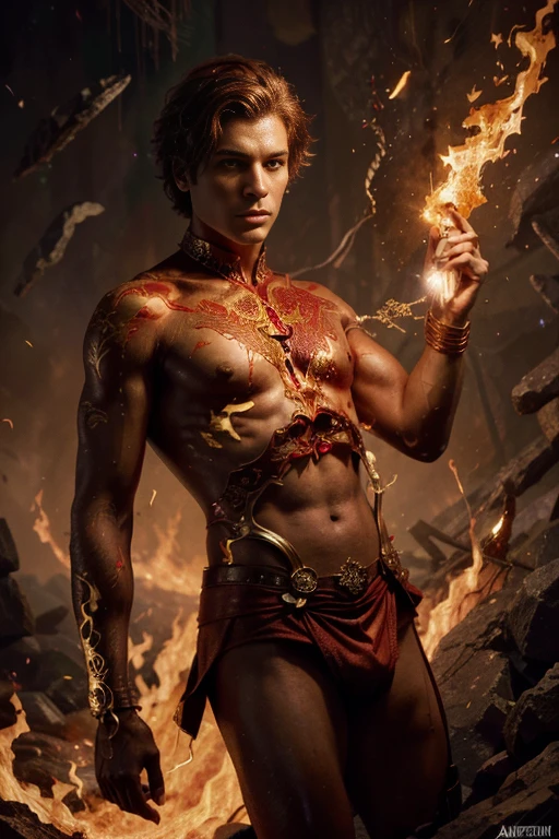 A male human figure who personifying the tarot of the Judgement, dressed in glowing orange scarlet, vermillion, scarlet flecked gold and vermillion flecked gold and emerald, perpetual intelligence, The Spirit of the Primal Fire, Fire, Caza art, digital art