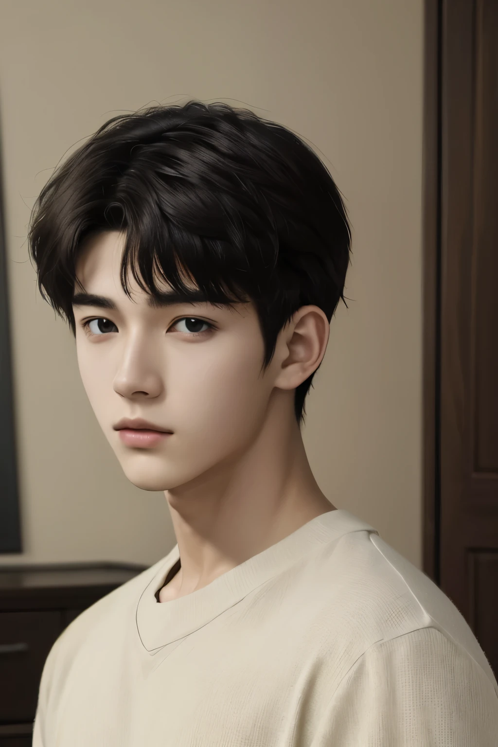 (absurdres, highres, ultra detailed, HDR), masterpiece, best quality, solo focus, teen boy from webtoon, handsome, perfect face, short hair inside a ghibli style room background 