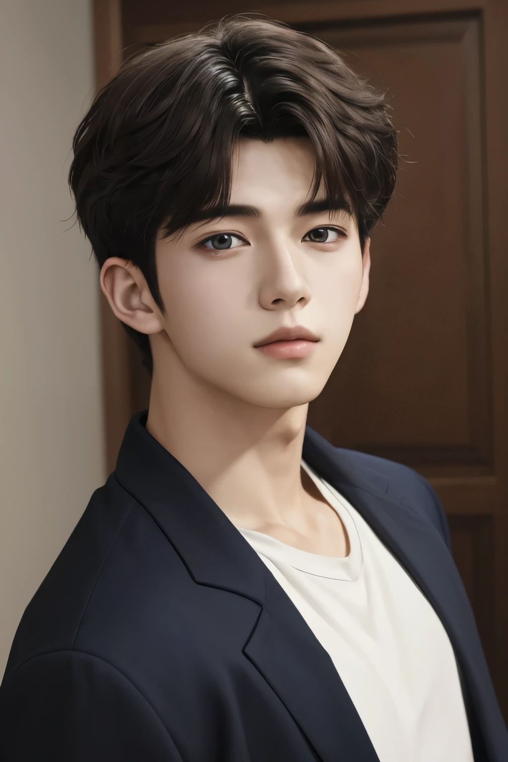 (absurdres, highres, ultra detailed, HDR), masterpiece, best quality, solo focus, teen boy from webtoon, handsome, perfect face, short hair inside a ghibli style room background 