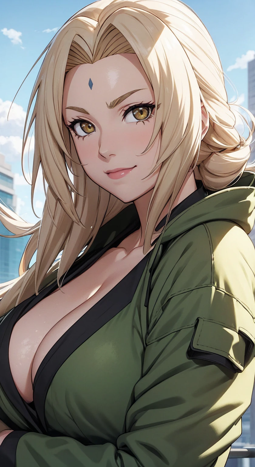 tmasterpiece，blond hairbl，Green coat，Golden eyes，ssmile，slightly fat big breasts，Be red in the face，Headwinds and sagging，best qualtiy，The is very detailed，Bust photo，Get close to the lens，Top-down view，with a good figure，no nude