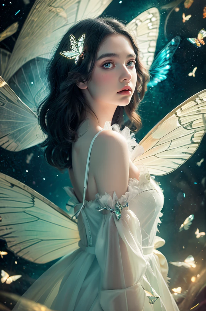 ( masterpiece, top quality, best quality,8k,17 years old girl,ultra detailed,raw photo:1.5),(photorealistic:1.4),(cinematic lighting), PerfectNwsjMajic, , Surrealism, UHD, ccurate, Super detail, textured skin, High detail, Best quality, dynamic angle, (high nose,White skin),[Beautiful blue eyes],[flat chest:large breasts:0.5],(1girl),(good anatomy:0.5)),with white butterfly wings and fluffy butterfly eyes and characters around flying in a chaotic universe and neon lights, Dreamy atmosphere,mystical ambiance, Artistic interpretation, a whimsical illustration, Subtle colors and tones, mystical aura