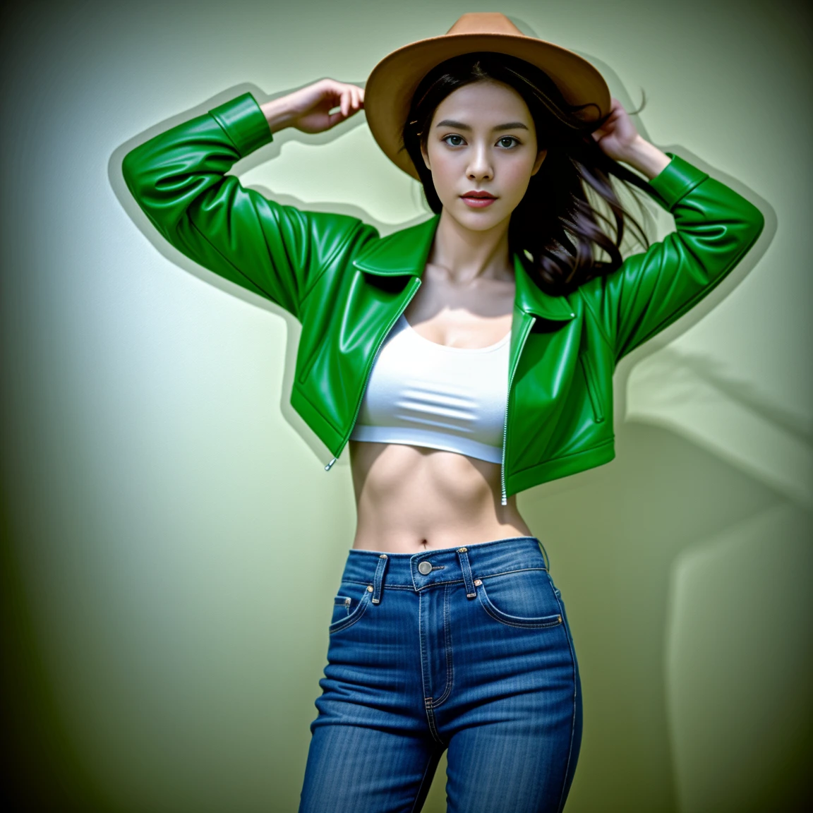 "Beautiful young woman, 30 years old, His long hair flowed up.,) bright dark green leather jacket,) Floating waist, abdomen moist, shiny, perfect and strong.,) ,sexy denim shorts,)  Album cover art by Yang J, Social trend CG, Beautiful cowboy, cowgirl, western cowgirl, There are red flowers around.,Pearl hut from a dilapidated old place,) best quality, 10, height:1.2), 8K Special Details, (realistic:1.37), Portrait, Full body, Posing from different angles,, bright colors, Warm light, shot with a high quality camera 45,000,000,000,Pixels,