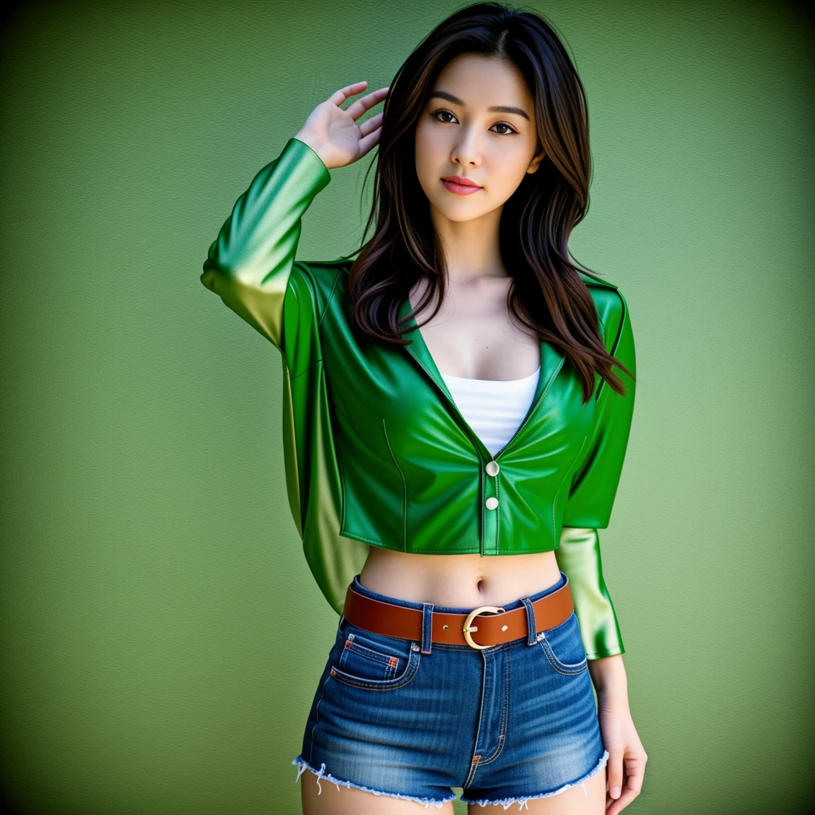 "Beautiful young woman, 30 years old, His long hair flowed up.,) bright dark green leather jacket,) Floating waist, abdomen moist, shiny, perfect and strong.,) ,sexy denim shorts,) Album cover art by Yang J, Social trend CG, Beautiful cowboy, cowgirl, western cowgirl, There are red flowers around.,Pearl hut from a dilapidated old place,) best quality, 10, height:1.2), 8K Special Details, (realistic:1.37), Portrait, Full body, Posing from different angles,, bright colors, Warm light, shot with a high quality camera 45,000,000,000,Pixels,