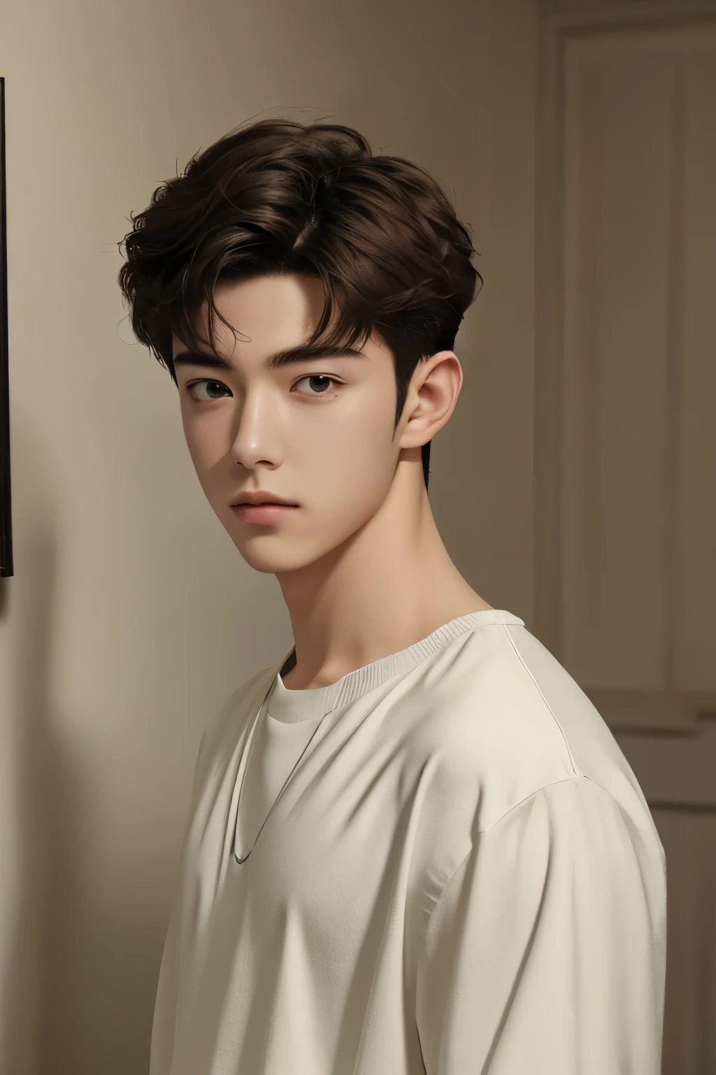 (absurdres, highres, ultra detailed, HDR), masterpiece, best quality, solo focus, teen boy from webtoon, handsome, perfect face, short hair inside a ghibli style room background 