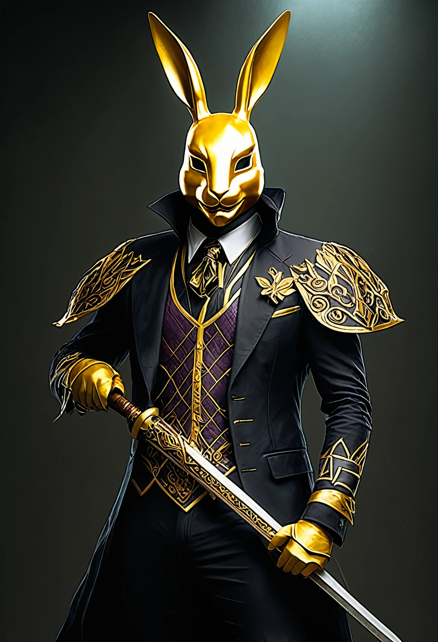 an rpg villain with golden rabbit mask