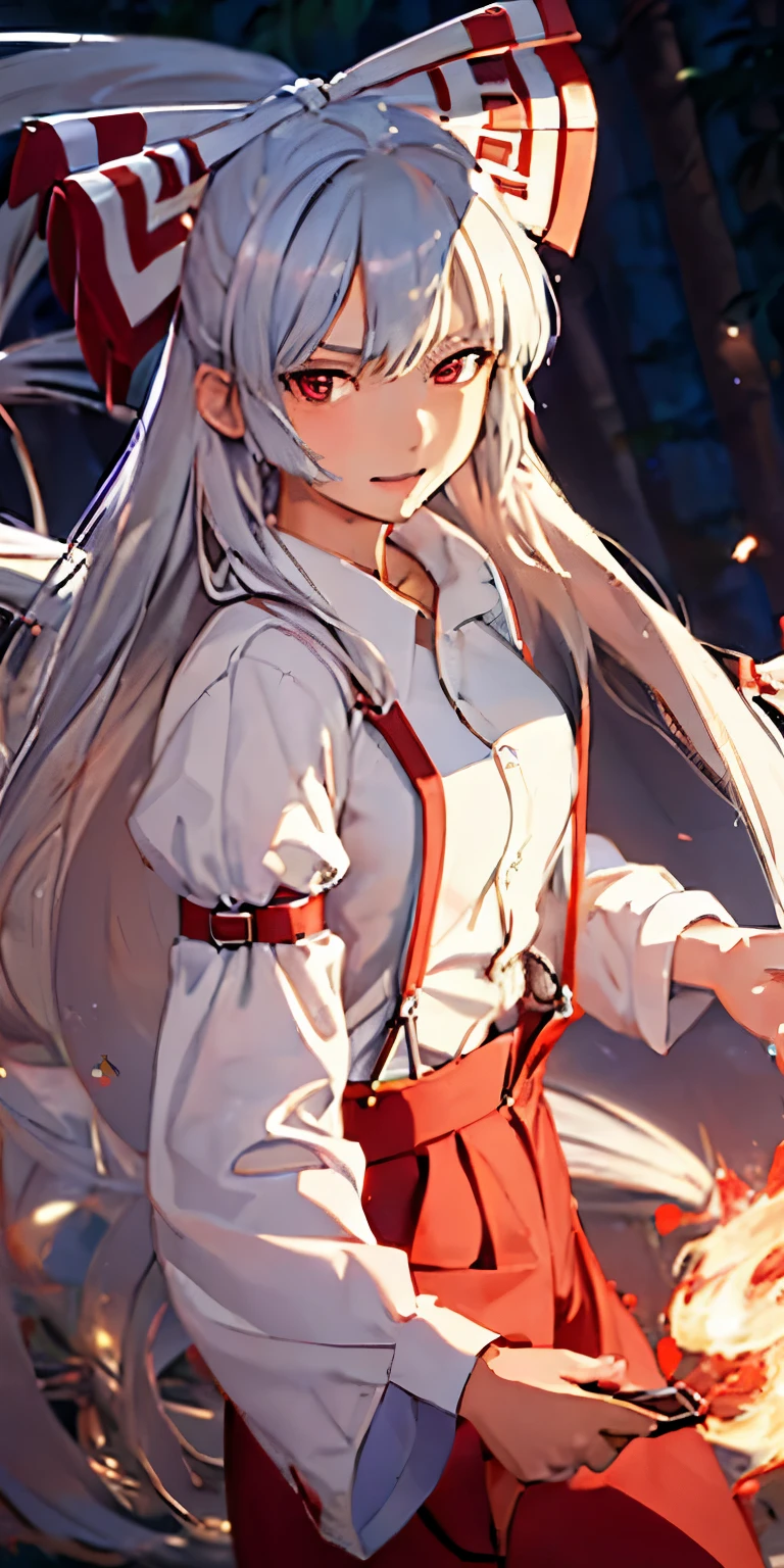 (masterpiece, best quality:1.3), (cinematic angle:1.3), Fujiwara no Mokou, Touhou Series, perfect face, expressive eyes, 1 girl, looking at viewer, 16 years old, beautiful, anime, lora, silver hair, long hair, white shirt, red long pants