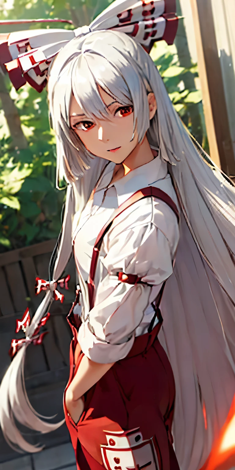 (masterpiece, best quality:1.3), (cinematic angle:1.3), Fujiwara no Mokou, Touhou Series, perfect face, expressive eyes, 1 girl, looking at viewer, ************, beautiful, anime, lora, silver hair, long hair, white shirt, red long pants