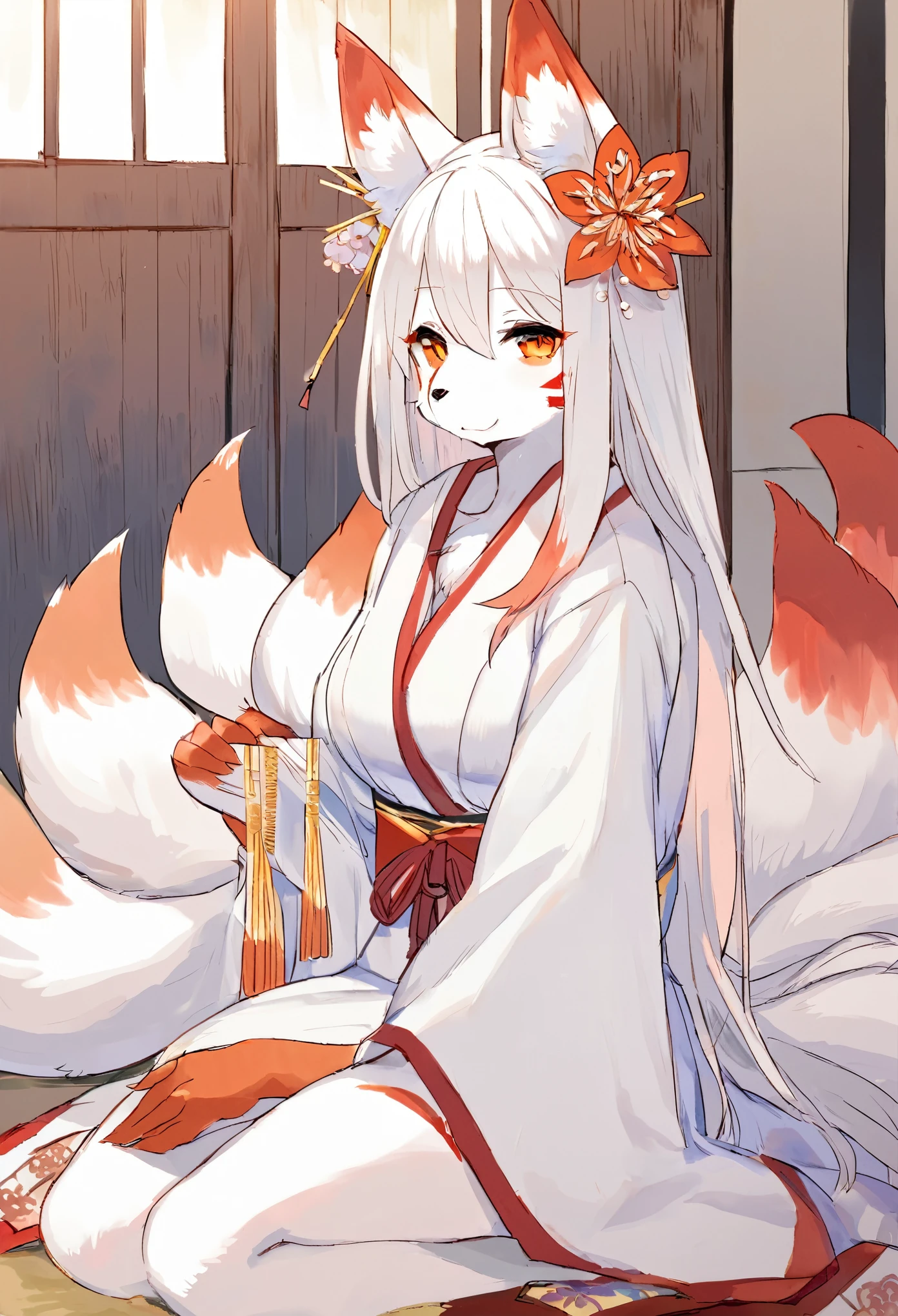 solo, Female, fox, kitsune, white fur, red face markings, white body, white hair, long hair, red and orange eyes, long lashes, attractive face, multiple tails, red tips on tails, lithe body, average body, lean body, white kimono, red and gold elements to kimono, Kanzashi in hair, traditional Japanese home, looking at viewer, by by kishibe, by mofumofumachine, by nonoka_furry, by Tubasa, by ACHAKOORA.