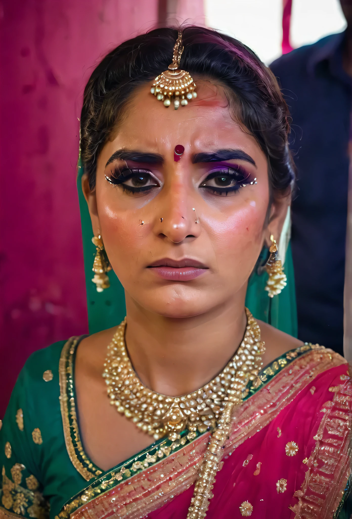 Typical Bihari wedding, bride's sister disappointed in front, domestic violence, dark image, girl's makeup smeared, tears in eyes, mascara smeared, looking towards the camera