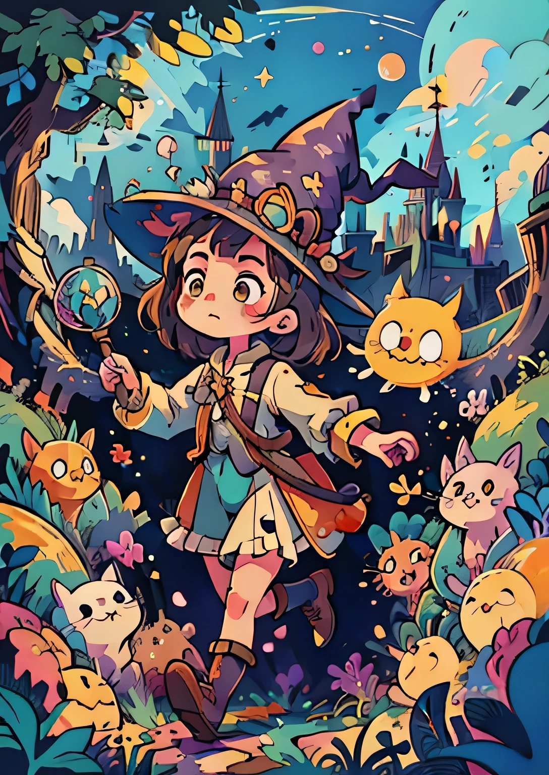 Fantasyland, girl chasing a witch, redemption,fantasy illustration, cutely detailed, highly mind-blowing art