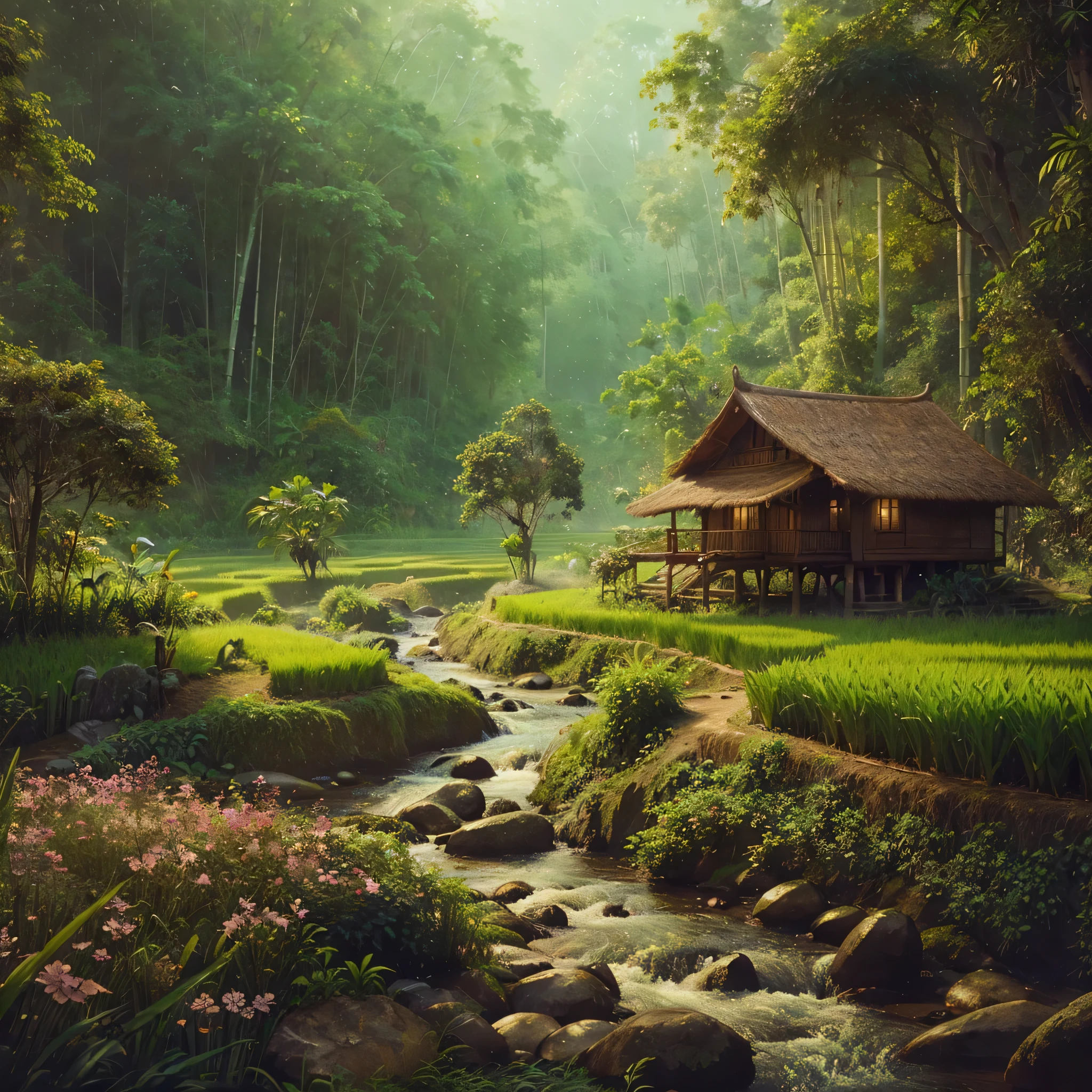 romantic scene, paddy field surrounded by dense tropical forest, small stream, flowers along the riverbank, single bamboo hut, intricate detail, eye catching ambience, Frank Frazetta, ultra hd, realistic, vivid colors, highly detailed, UHD drawing, pen and ink, perfect composition, beautiful detailed intricate insanely detailed octane render trending on artstation, 8k artistic photography, photorealistic concept art, soft natural volumetric cinematic perfect light