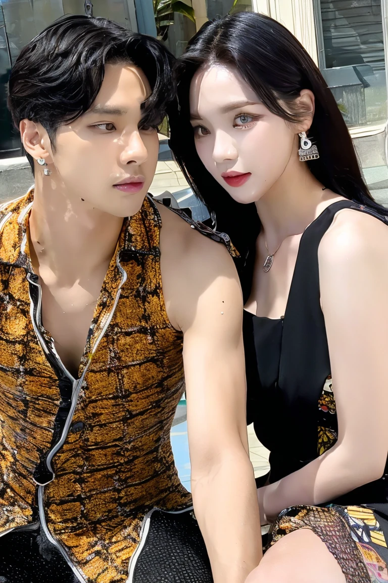 1 woman and 1 man, couple, Short hair down to the shoulders, chest, forehead, black hair, One piece possession, See-through dress, brown eyes, bijouterie, seat, face to face conversation, earring, parted Lips, sleeveless women&#39;s clothing, inside, medium hair, Lips, book, skin color pantyhose, bare arms, sleeveless dress, 북적이는 inside 까페, table, men&#39;s watch, hose, wild young man
