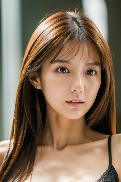 masterpiece, highest quality, Photoreal, Super detailed, High resolution, 8K wallpaper, 1 girl, Skinny Japanese woman, (((facing the front))), brown hair, detailed clavicle, cleavage, perfect face, straight hair, ((look straight at the camera))