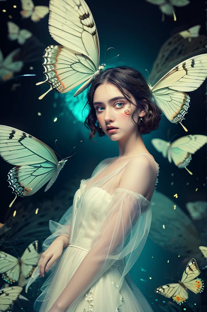 ( masterpiece, top quality, best quality,8k, girl,ultra detailed,raw photo:1.5),(photorealistic:1.4),(cinematic lighting), PerfectNwsjMajic, , Surrealism, UHD, ccurate, Super detail, textured skin, High detail, Best quality, dynamic angle, (high nose,White skin),[Beautiful blue eyes],[flat chest:large breasts:0.5],(1girl),(good anatomy:0.5)),with white butterfly wings and fluffy butterfly eyes and characters around flying in a chaotic universe and neon lights, Dreamy atmosphere,mystical ambiance, Artistic interpretation, a whimsical illustration, Subtle colors and tones,