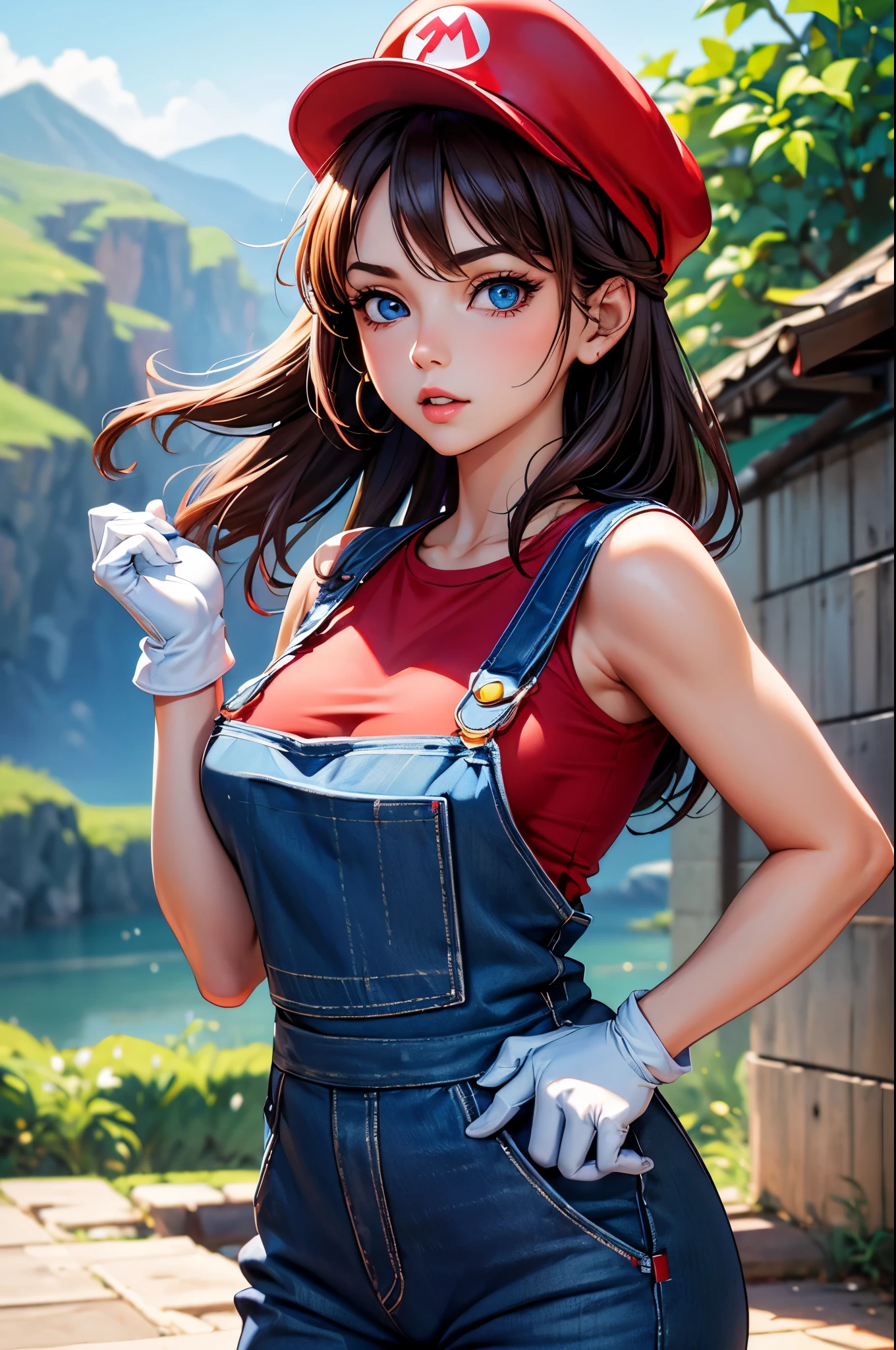 (masterpiece, best quality:1.2), expressive eyes, perfect face, highres, 1girl, solo, (female:1.5), supermario, blue overalls, red shirt, red cap, (white gloves:1.1), blue eyes, landscape, pink mushroom, standing, upper body portrait, looking at the viewer