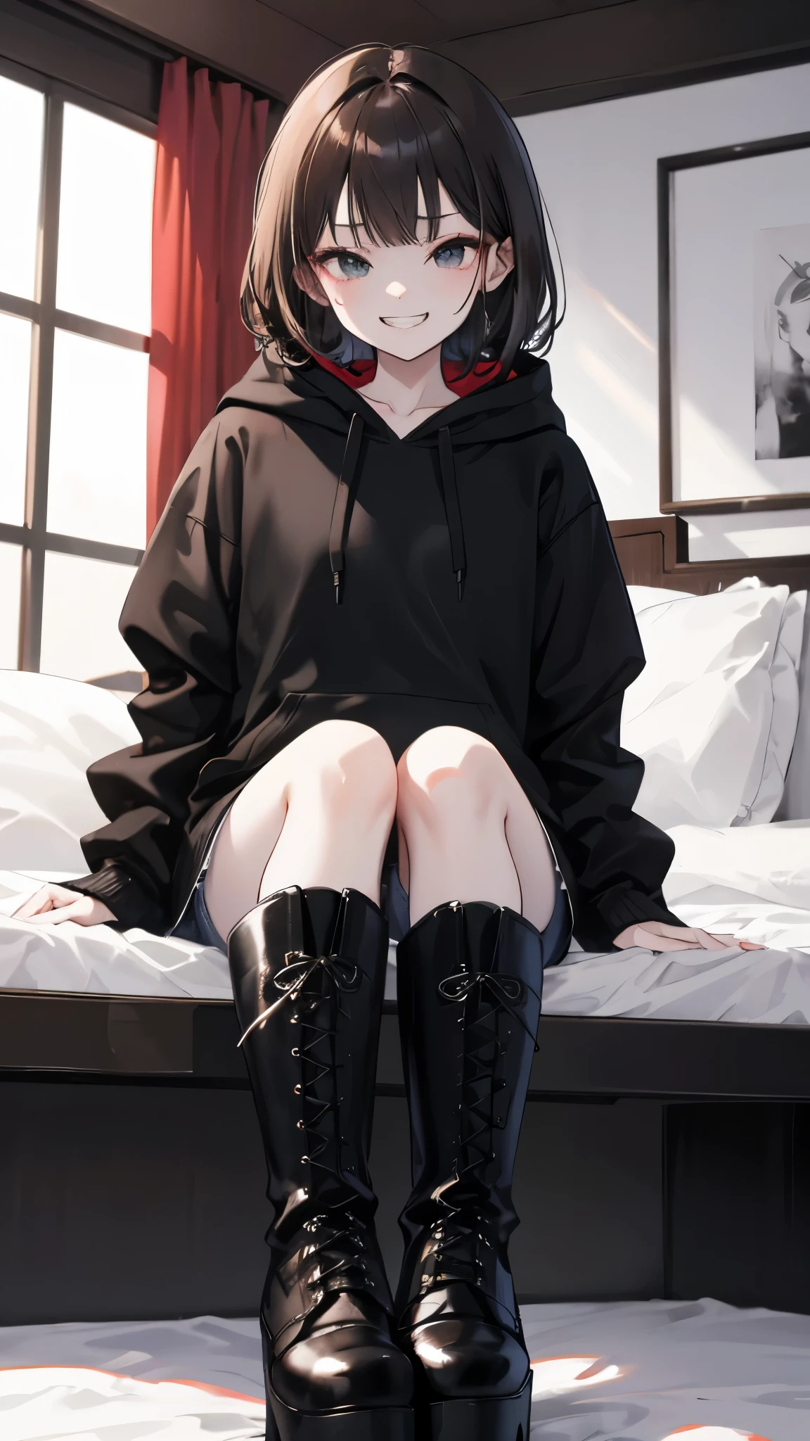 cute、evil grin、Inside the Hotel、Sitting on the bed、
black and White hoodie、Red and black hoodie、White hoodie、black platform boots、black platform boots、perfect finger、
Brown Hair、Black Hair、Black Hairロング、black eye、