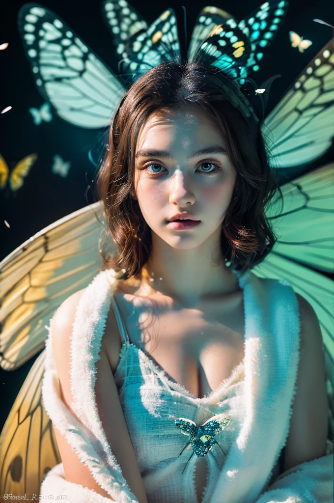 ( masterpiece, top quality, best quality,8k,17 years old girl,ultra detailed,raw photo:1.5),(photorealistic:1.4),(cinematic lighting), PerfectNwsjMajic, , Surrealism, UHD, ccurate, Super detail, textured skin, High detail, Best quality, dynamic angle, (high nose,White skin),[Beautiful blue eyes],[flat chest:large breasts:0.5],(1girl),(good anatomy:0.5)),with white butterfly wings and fluffy butterfly eyes and characters around flying in a chaotic universe and neon lights, 