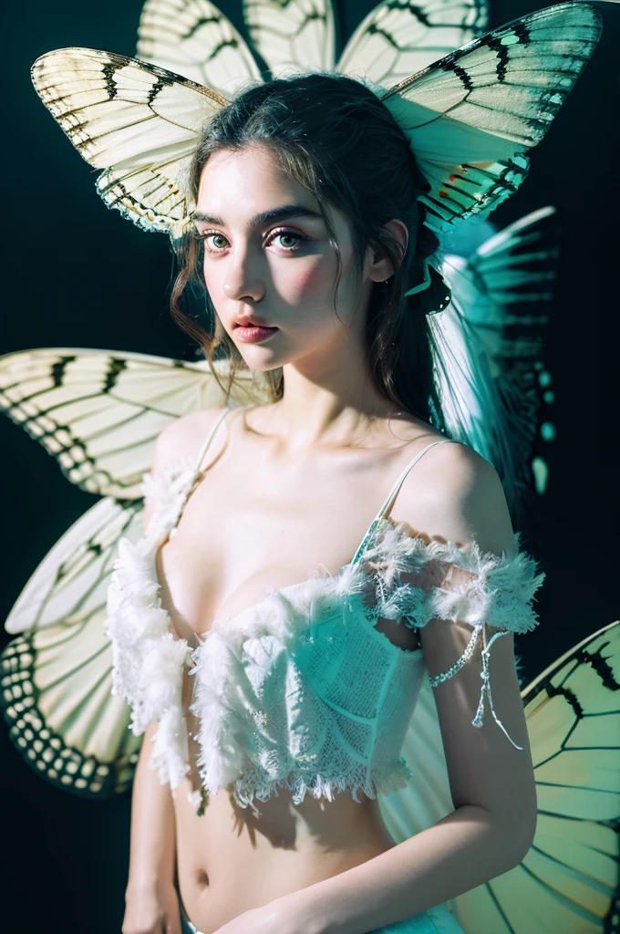 ( masterpiece, top quality, best quality,8k,17 years old girl,ultra detailed,raw photo:1.5),(photorealistic:1.4),(cinematic lighting), PerfectNwsjMajic, , Surrealism, UHD, ccurate, Super detail, textured skin, High detail, Best quality, dynamic angle, (high nose,White skin),[Beautiful blue eyes],[flat chest:large breasts:0.5],(1girl),(good anatomy:0.5)),with white butterfly wings and fluffy butterfly eyes and characters around flying in a chaotic universe and neon lights, 