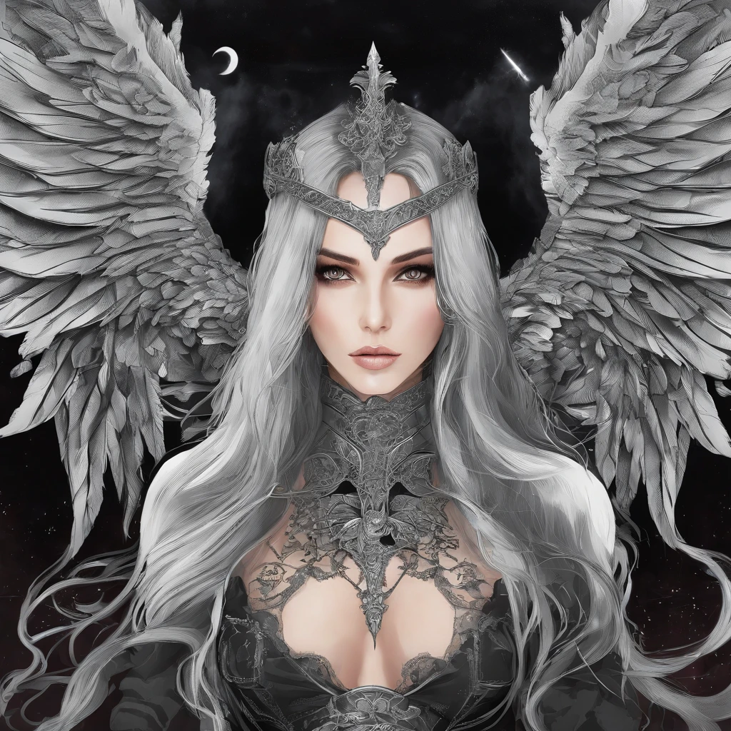 Fireball, Firefox, mirroring, quality, 8K,woman, beautiful and detailed face, long wavy hair,big eyelashes,big angel´s wings,(((metalic armour over bodystocking))),armlets,black belt,high heels over the knee boots,white neutral scenario