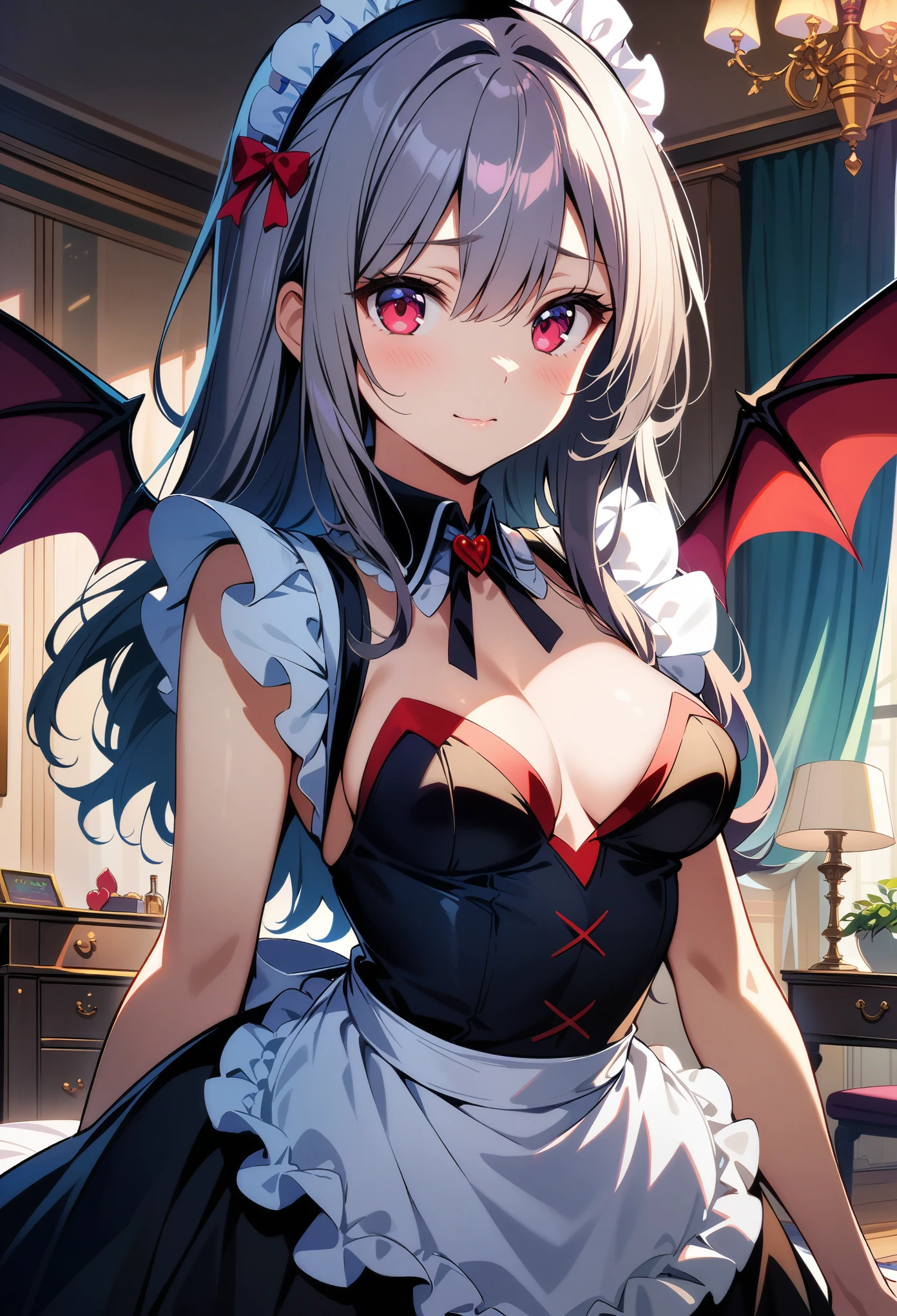32k, best quality, ultra high res, HDR, UHD, extremely detailed CG, unity 32k wallpaper, bedroom background, ((cute succubus)), (maid), (1gal),