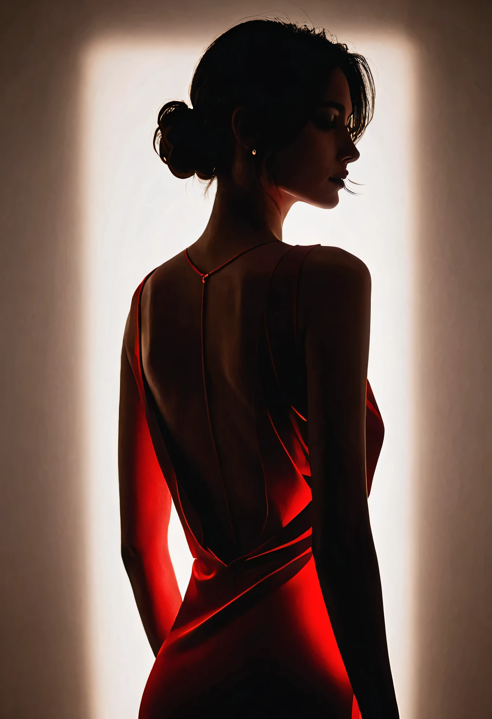 score_10,score_9, score_8_up, score_7_up, score_6_up, score_5_up, Silhouette Art portrait, breathtaking art drawing portrait, (beautiful charming woman), slender figure, slightly posing, a tight sleek strict dress. bright red backlight illuminates elegant woman's dark dim silhouette, (bright glowing red contour and outline), light only from behind, fully shaded dark dim body, (masterpiece), (realistic), 8k, RAW photo, very wide shot, octane render, unreal engine, volumetrics dtx, (film grain, bokeh, blurry foreground)