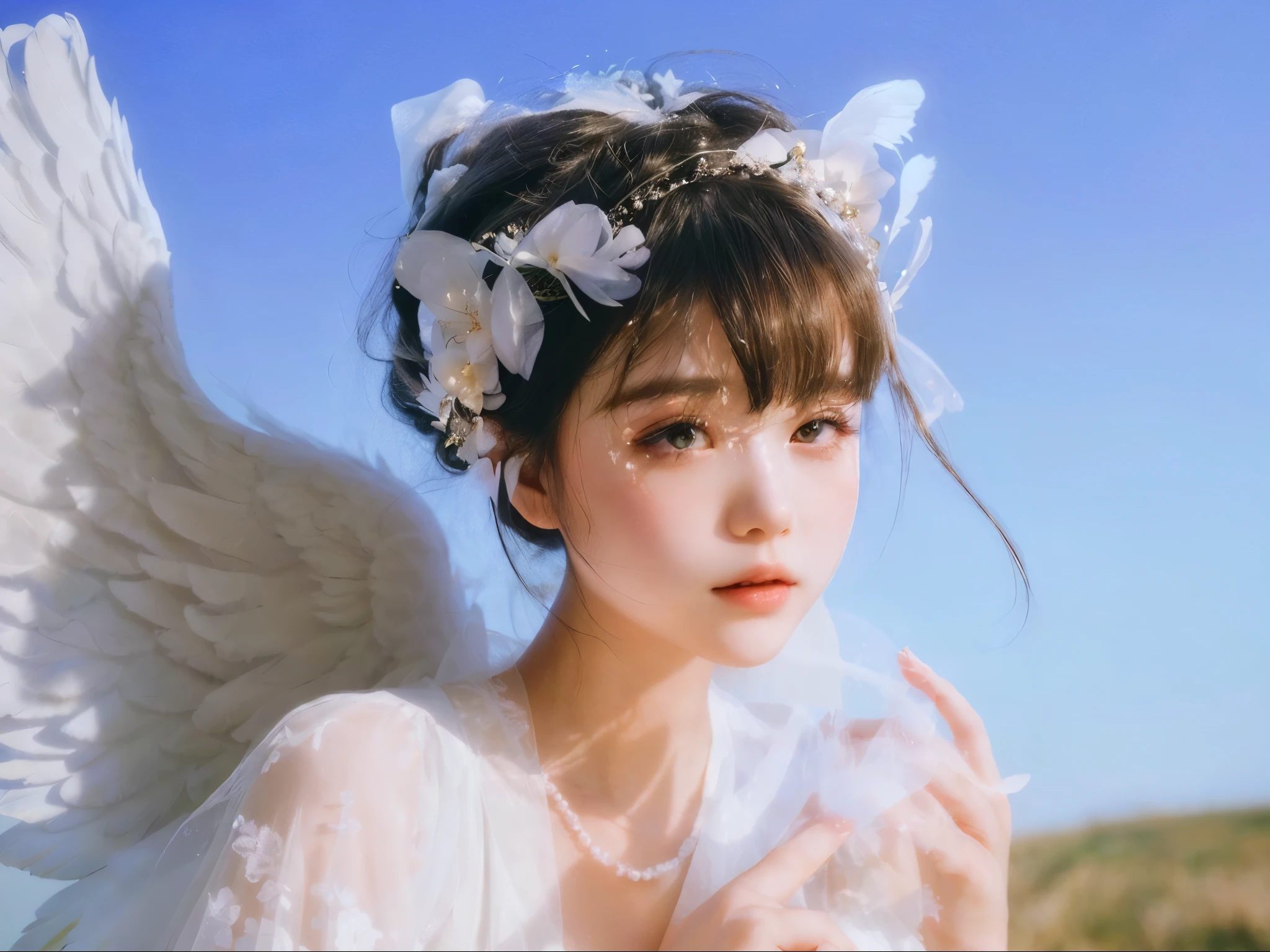 there is a woman with a white dress and angel wings, wearing angel halo, wearing angel halo covered face, of an beautiful angel girl, ethereal wings, young wan angel, beautiful angel, white wings, ethereal fairytale, portrait of a beautiful angel, girl with angel wings, ethereal!!!!!!!, beautiful angel girl portrait, beautiful female angel, fairycore, ulzzang