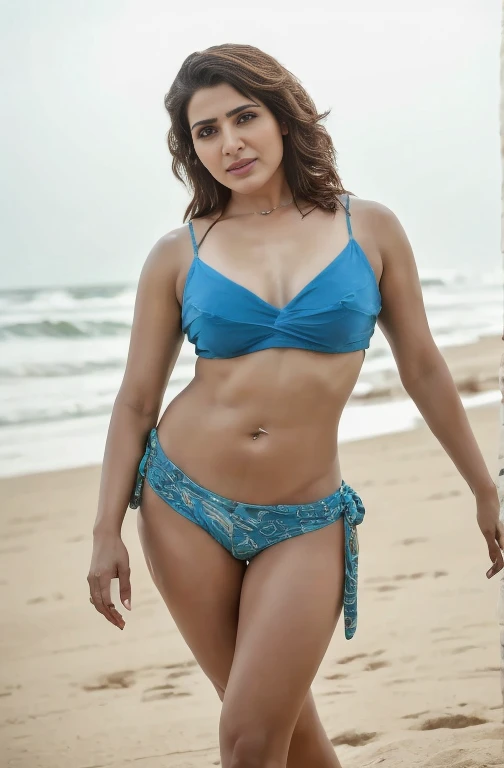Samantha ruth prabhu,Masterpiece,full body close up of a young average size woman,beach, bikini,dancing, exposing navel and cleavage, close body shot, stylish pose, sexy girl, beautiful pose, sexy pose, very sexy pose, gorgeous lady, chest up bust shot, semi naked, dim light