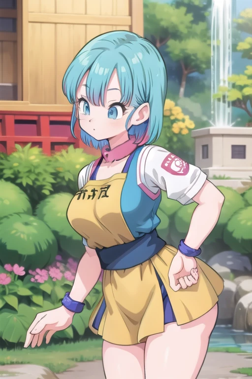 masterpiece, top-quality, Hi-Res, dragon balls, BLMSDUP, buruma, aqua hair, Single-sided up, pink dress, long-sleeve, 鎖骨, huge-breasted, plein air, is standing, cowboy shot, (Dress Lift:1.2), evil smile,