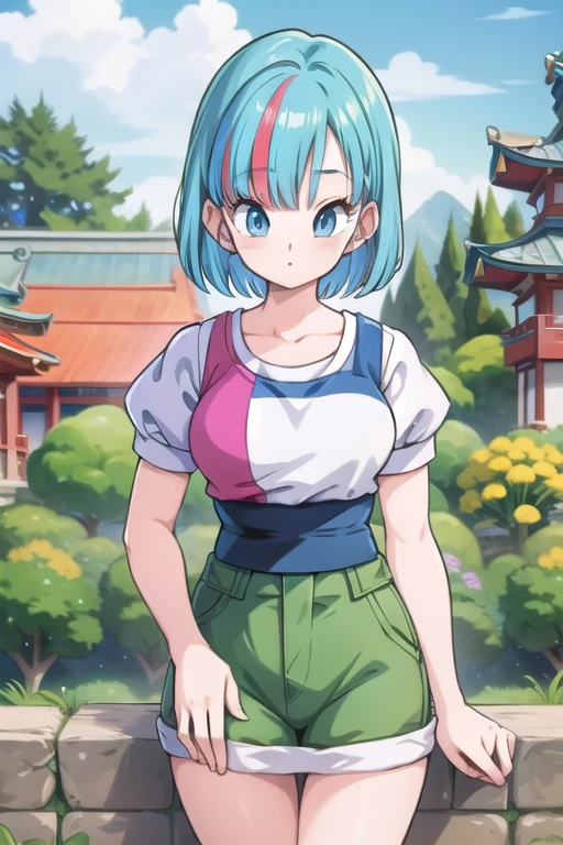 Une femme, 25 ans, mangas, cheveux longs, cheveux multicolores, details, armure de super saiyan, jardin zen, temple japonais