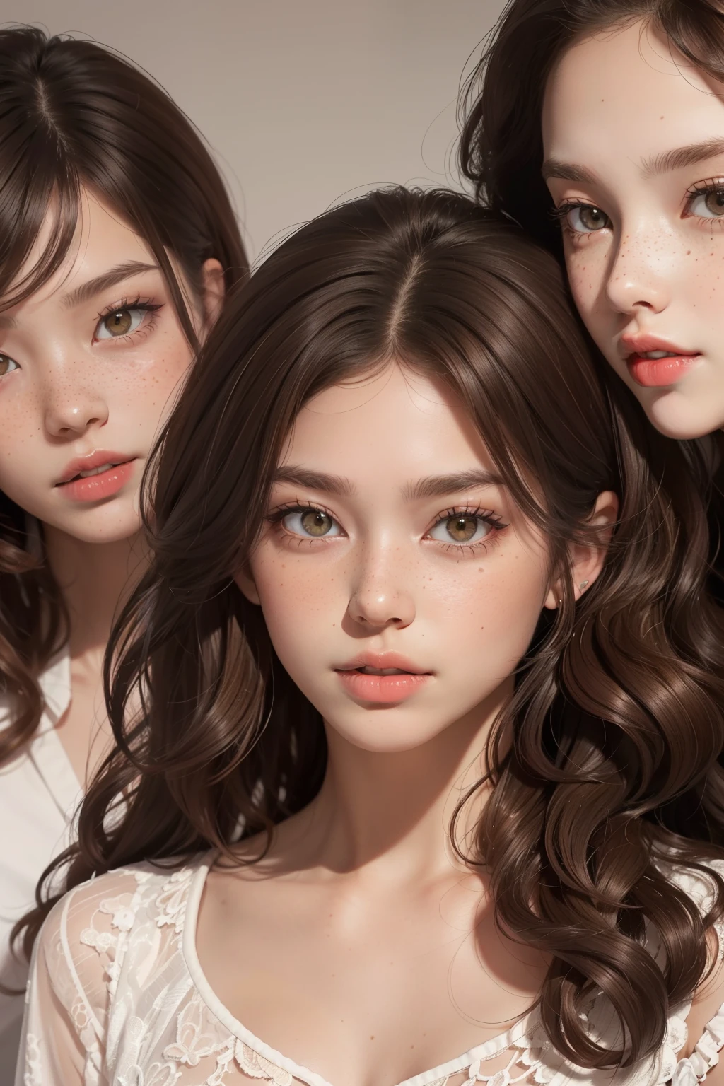 Crea una una imagen animada de tres chicas una, with light skin tone with straight, light brown hair, another with a wheatish skin tone with curly, dark brown hair and another also brunette and with medium wavy-curly dark brown hair but with a little bit of freckles...