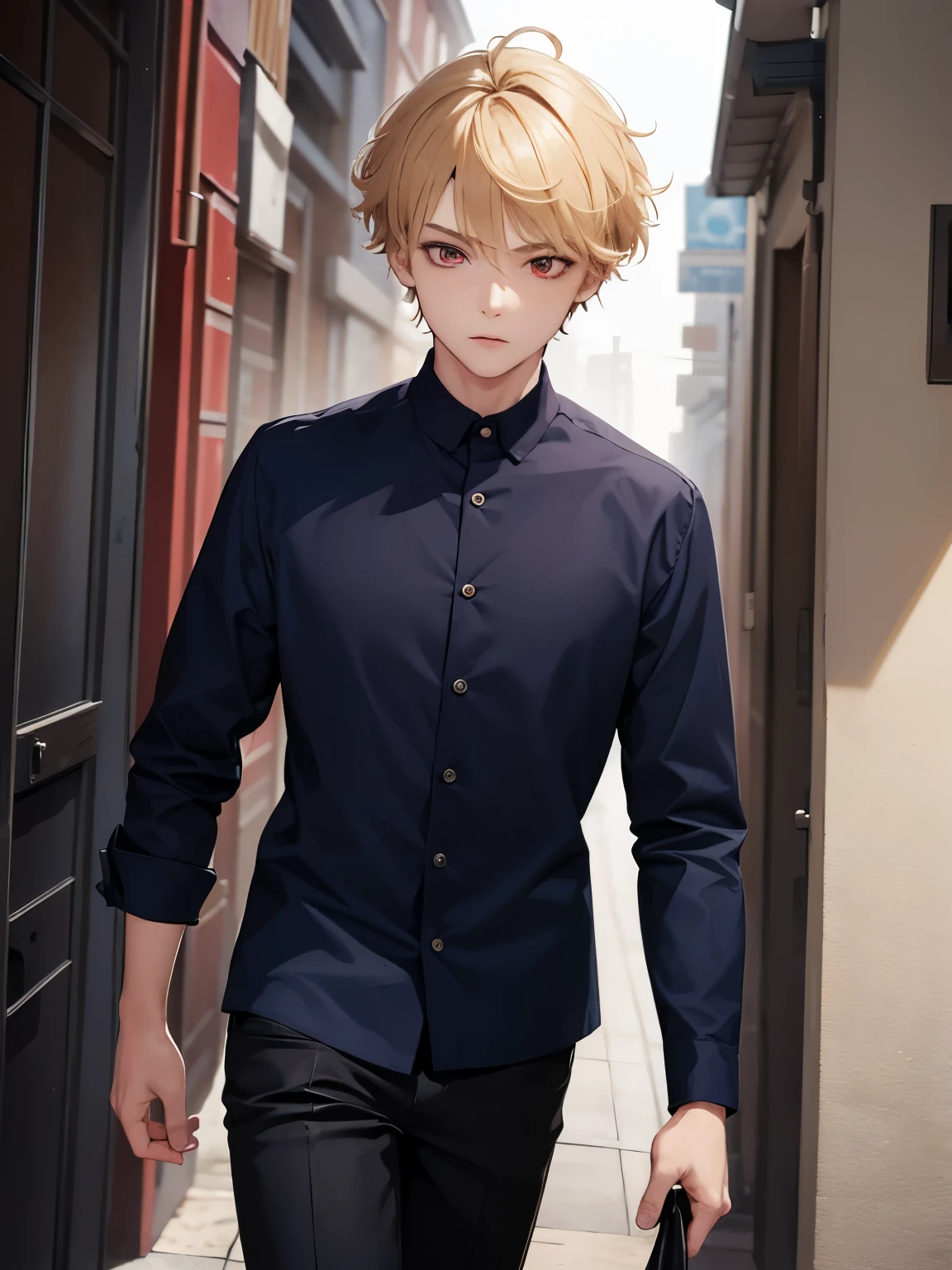 1boy,handsome,15 years old,walking,half body photo,Perfect face, HD face, ultra detailed face, short hair, blonde hair, messy hair, bright red eyes, vampire, navy shirt, black trouserd,ultra detailed, ultra HD