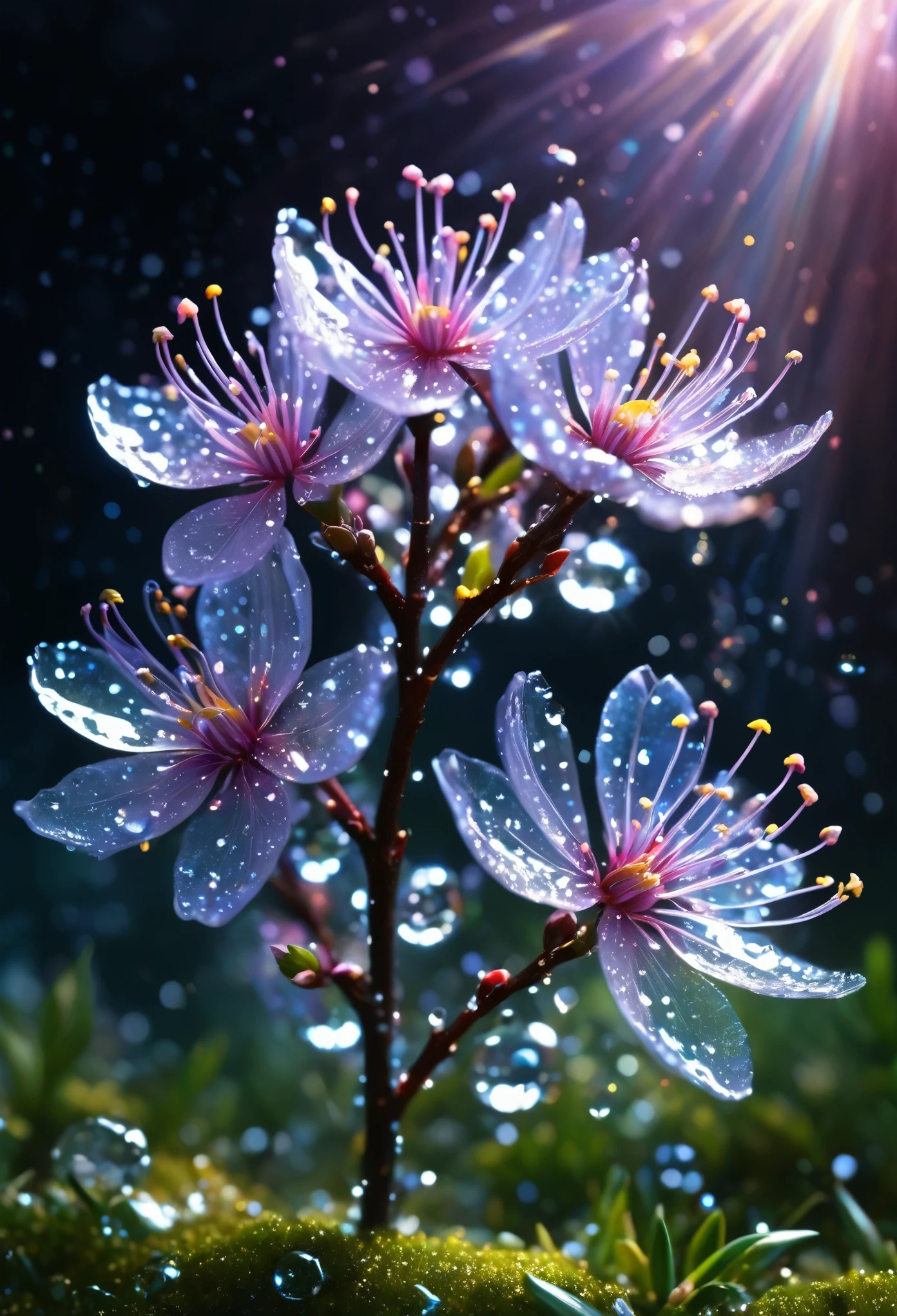 crystal spring blossom,
fantasy, galaxy, transparent, 
shimmering, sparkling, splendid, colorful, 
magical photography, dramatic lighting, photo realism, ultra-detailed, 4k, Depth of field, High-resolution