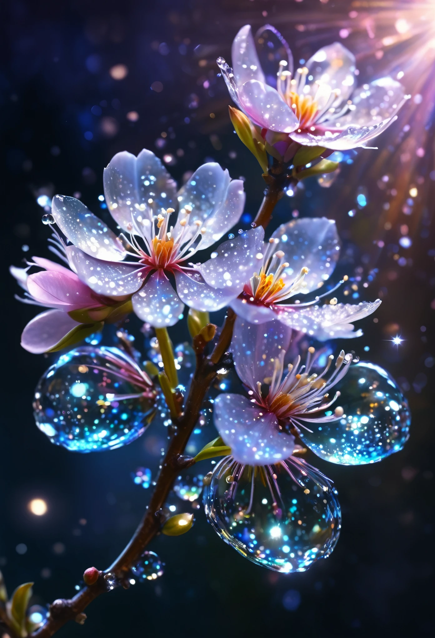 crystal spring blossom,
fantasy, galaxy, transparent,
shimmering, sparkling, splendid, colorful,
magical photography, dramatic lighting, photo realism, ultra-detailed, 4k, Depth of field, High-resolution