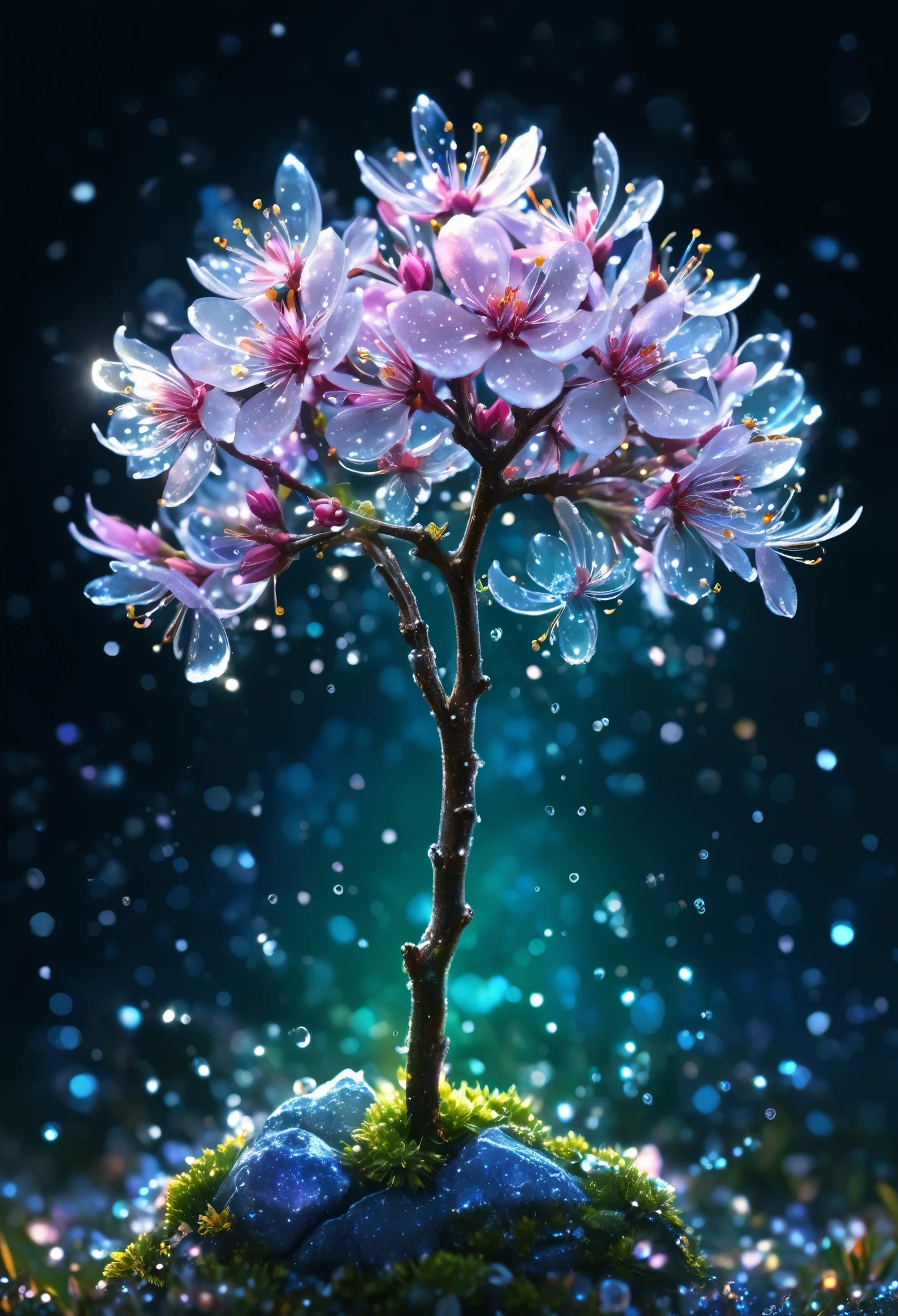 crystal spring blossom,
fantasy, galaxy, transparent,
shimmering, sparkling, splendid, colorful,
magical photography, dramatic lighting, photo realism, ultra-detailed, 4k, Depth of field, High-resolution