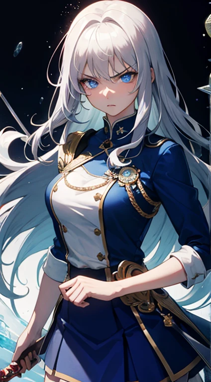 highest quality, wallpaper, One girl, Gray Hair, Very long hair, blue eyes, Angry expression, Long eyelashes, Beautiful, detailed eyes:1.6, Highly detailed eyes:1.6, Sharp Face, Beautiful face with attention to detail, Blue Shirt, Dark Blue Skirt, White Stockings, Swordsman, Silver Sword, ice, ice particles, Blood, Cinema Lighting, Dynamic Angle,