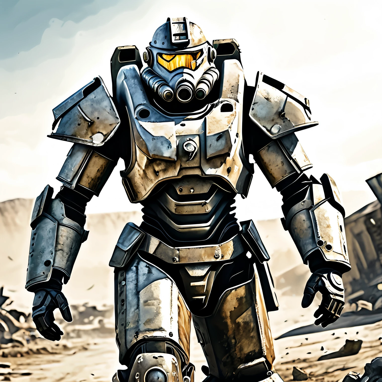 Warercolor hand drawing, vector graphics design, (best quality, masterpiece:1.2), side view, a warrior of "Brotherhood of Steel", wearing power armor, looks dangerous, brutally look, running through the wasteland, noire, postapocalyptic Fallout style, simple lines, looking to camera, (natural textures, hyperrealism, soft light, lucid colours, sharp:1.2), (intricate details:1.1), hdr, bokeh